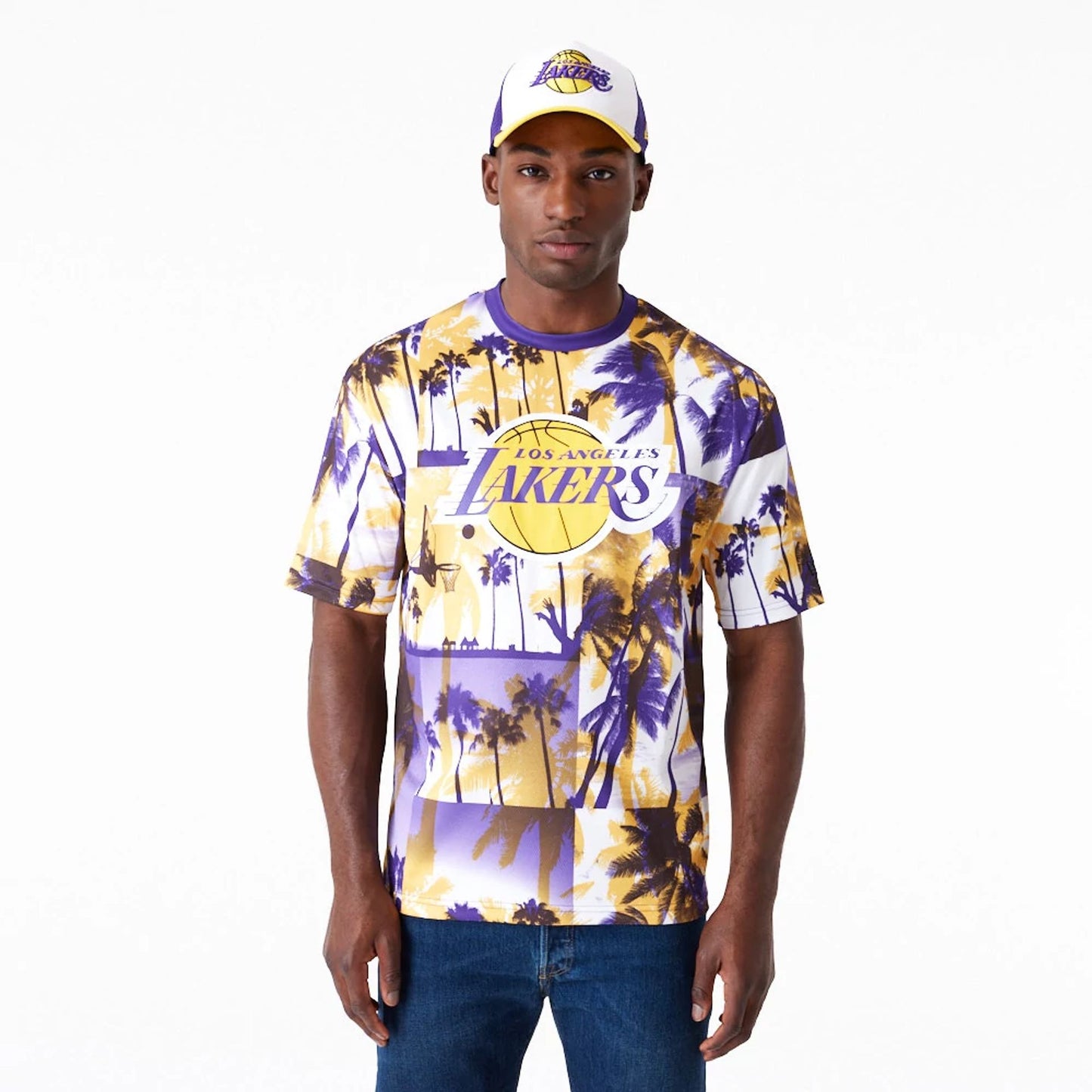 The Male model is wearing LA Lakers NBA Palm Tree Mesh Dark Yellow T-Shirt 1