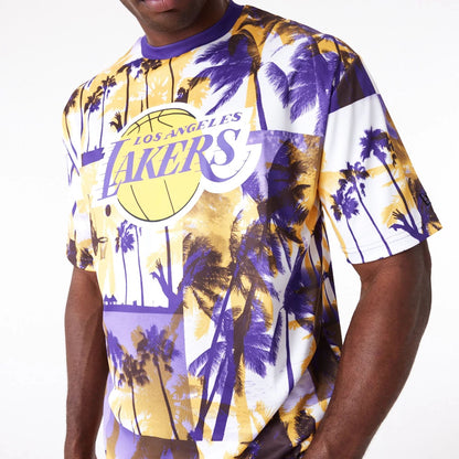 The Male model is wearing LA Lakers NBA Palm Tree Mesh Dark Yellow T-Shirt 4