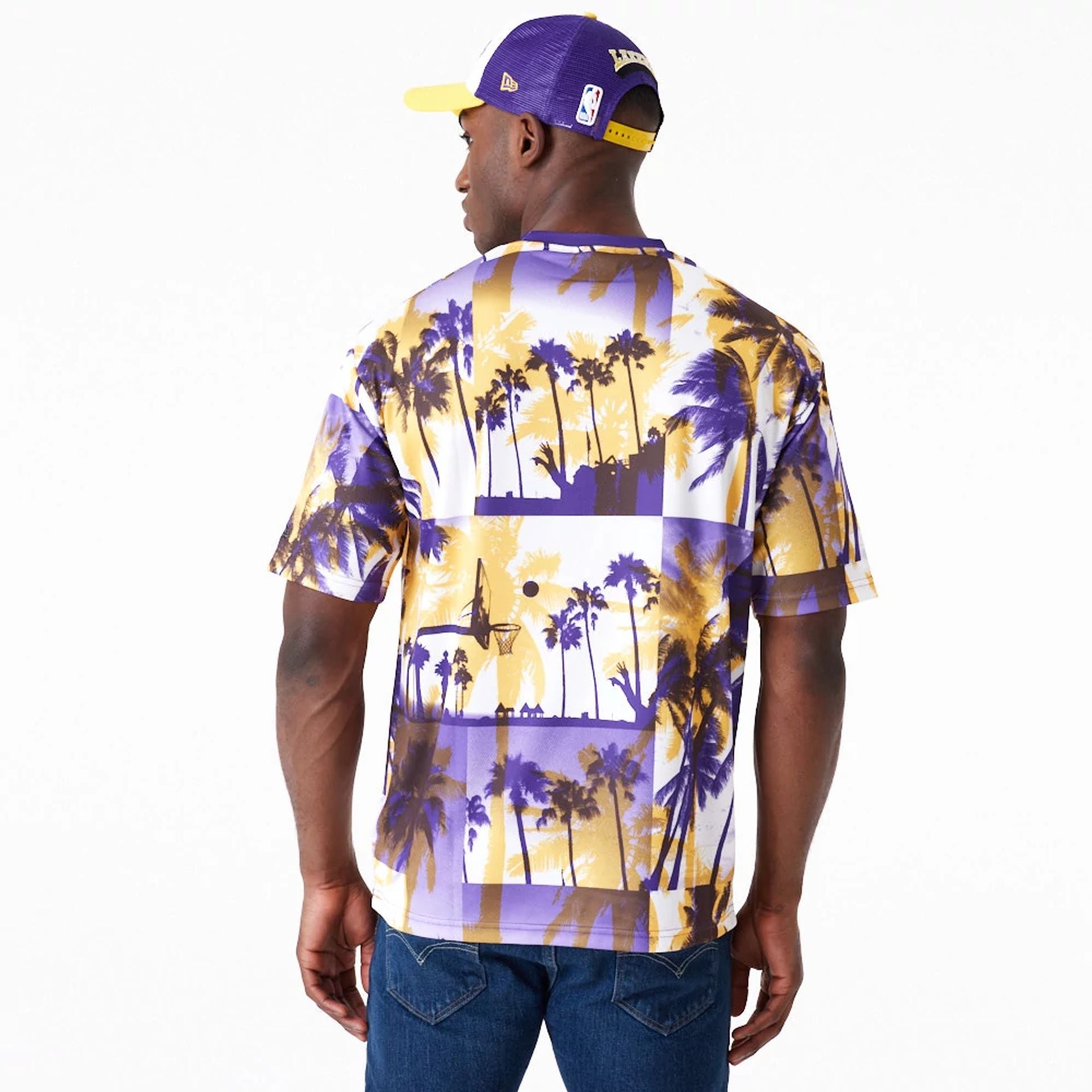 The Male model is wearing LA Lakers NBA Palm Tree Mesh Dark Yellow T-Shirt 2