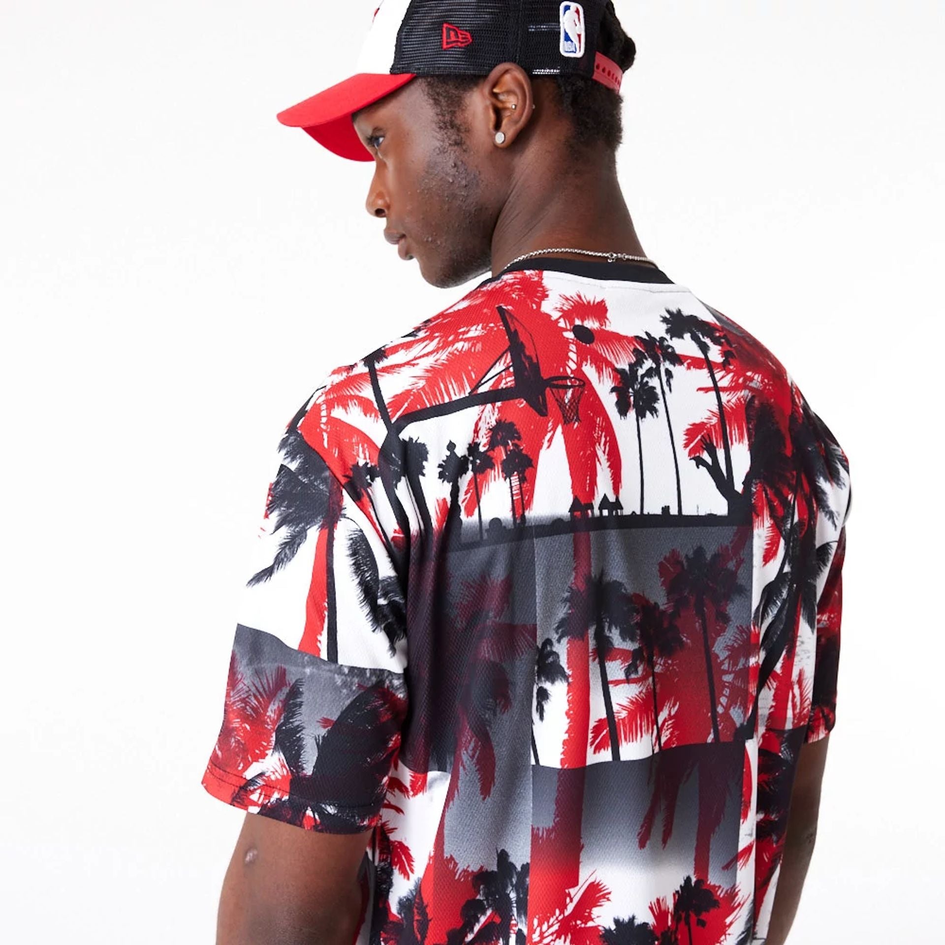 The Male model is wearing Chicago Bulls NBA Palm Tree Mesh Red T-Shirt 2