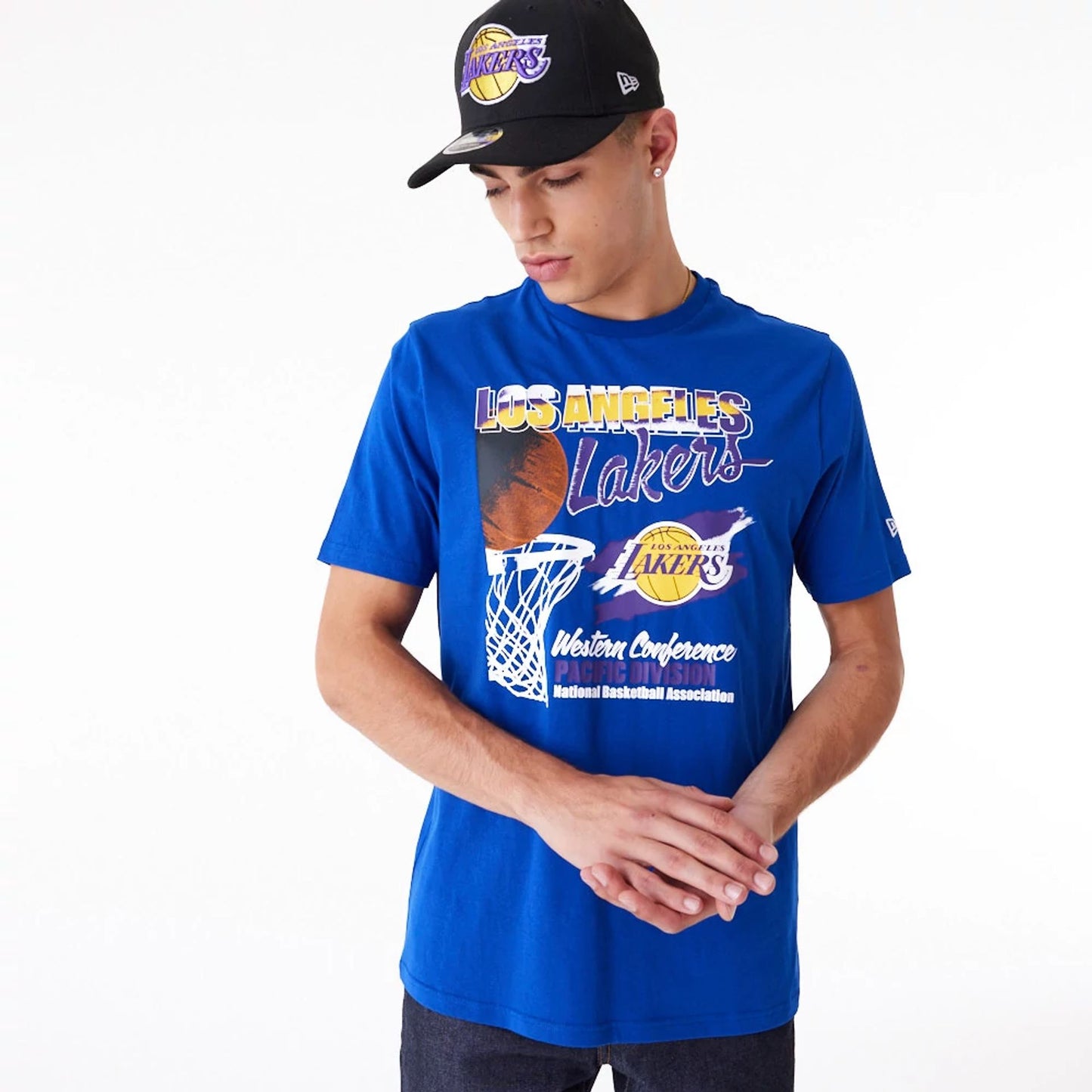 The Male model is wearing LA Lakers NBA Player Graphic Blue T-Shirt 4