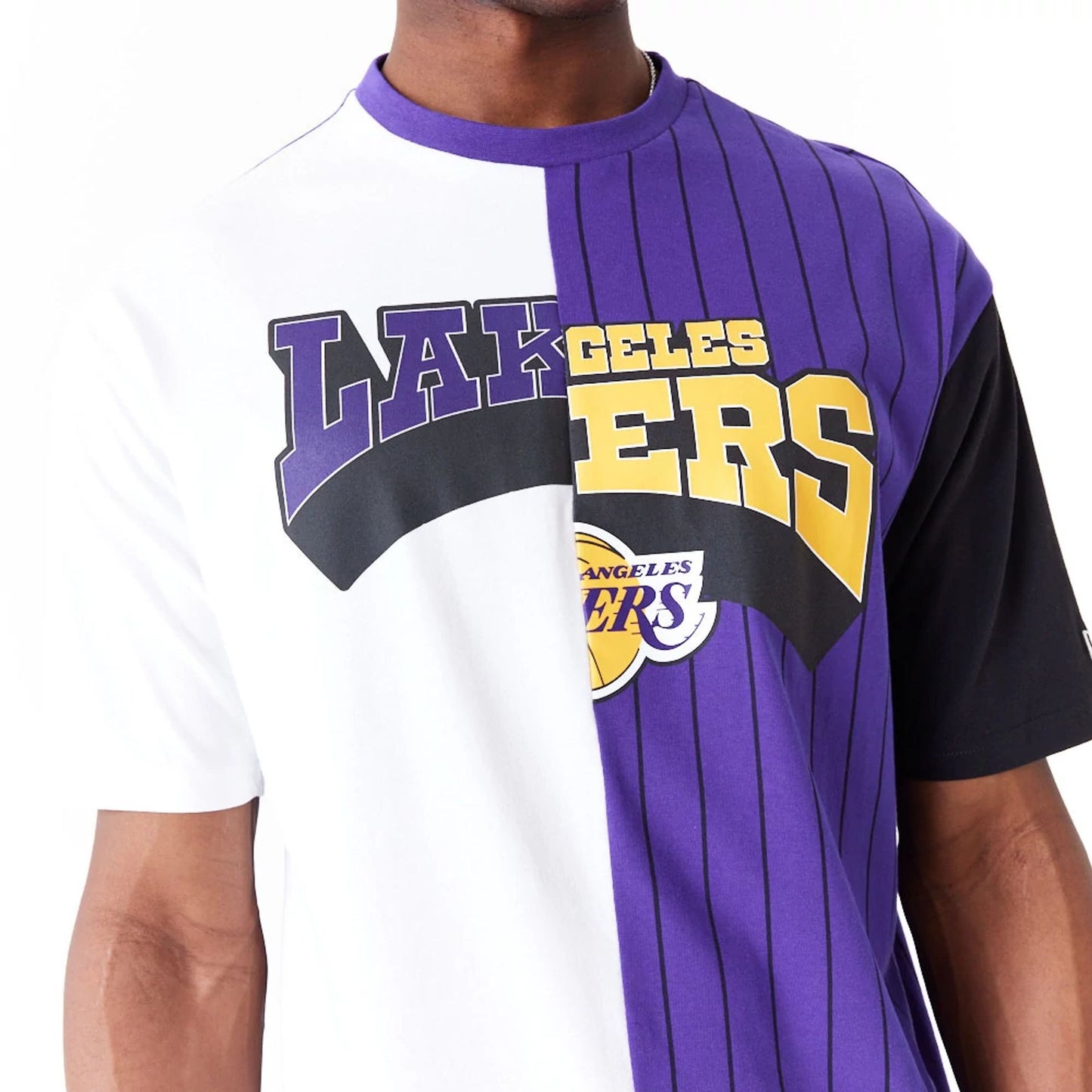 The Male model is wearing LA Lakers NBA Half Pinstripe Purple Oversized T-Shirt 7