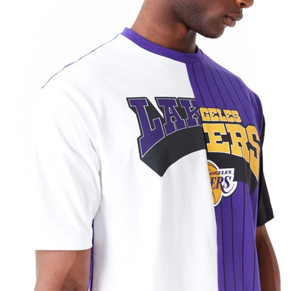 The Male model is wearing LA Lakers NBA Half Pinstripe Purple Oversized T-Shirt 4