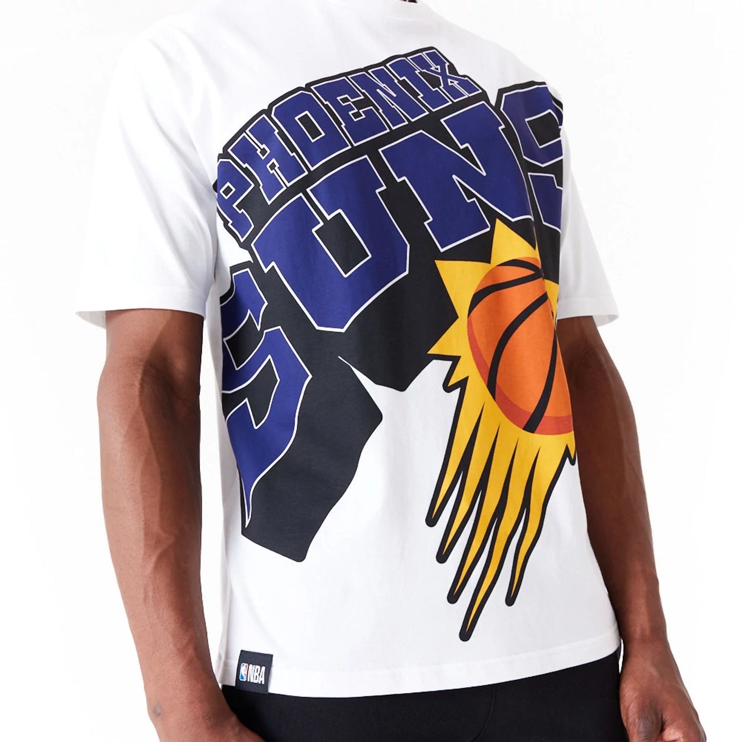 The Male model is wearing Phoenix Suns NBA Large Wordmark White Oversized T-Shirt 4