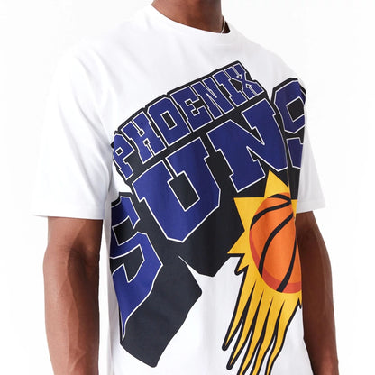 The Male model is wearing Phoenix Suns NBA Large Wordmark White Oversized T-Shirt 2