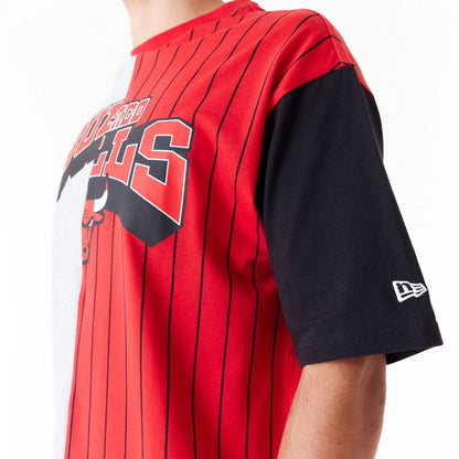 The Male model is wearing Chicago Bulls NBA Half Pinstripe Red Oversized T-Shirt 7