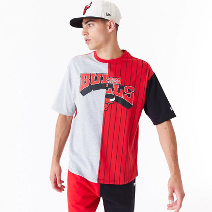 The Male model is wearing Chicago Bulls NBA Half Pinstripe Red Oversized T-Shirt 2