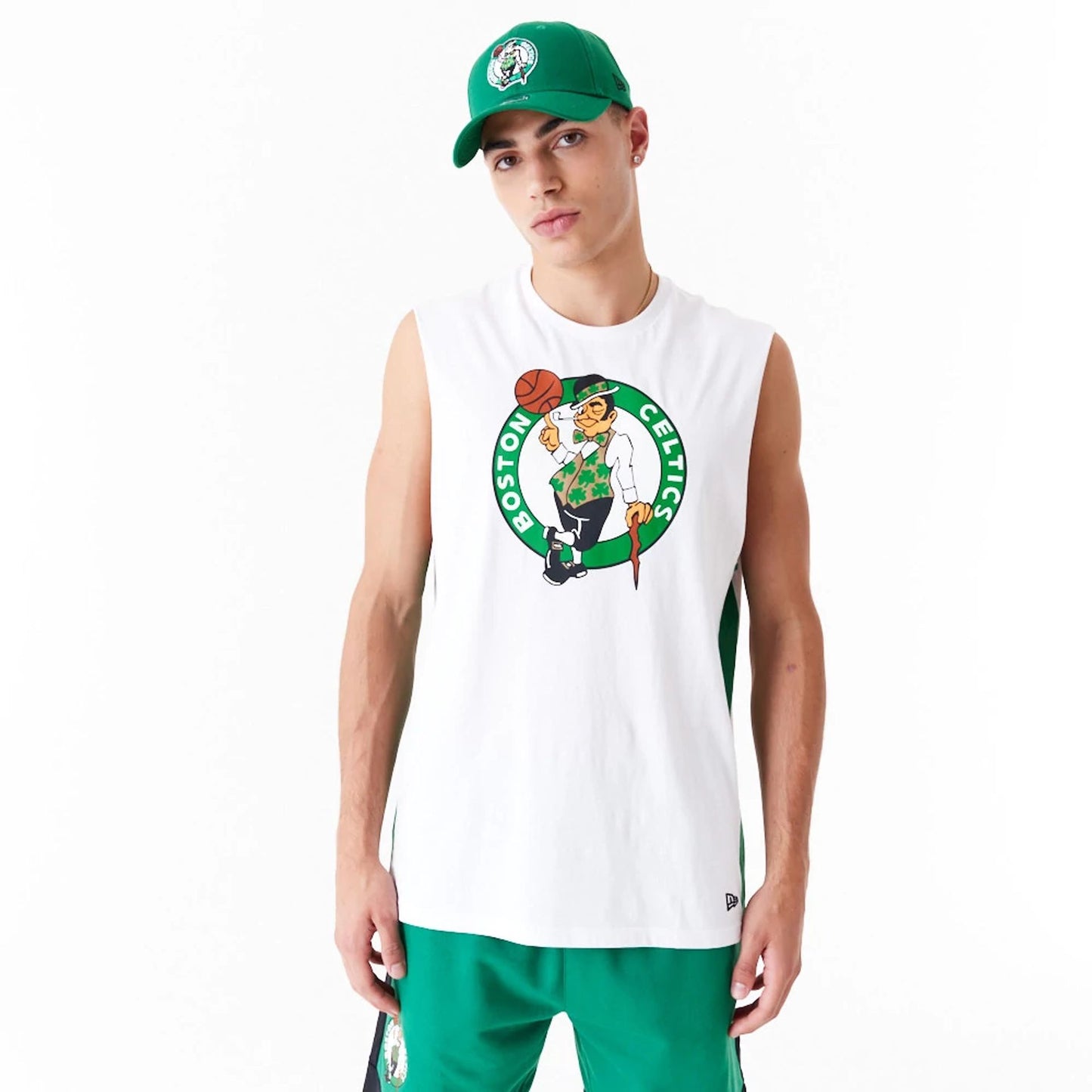 The Male model is wearing Boston Celtics Colour Block White Tank Top 1