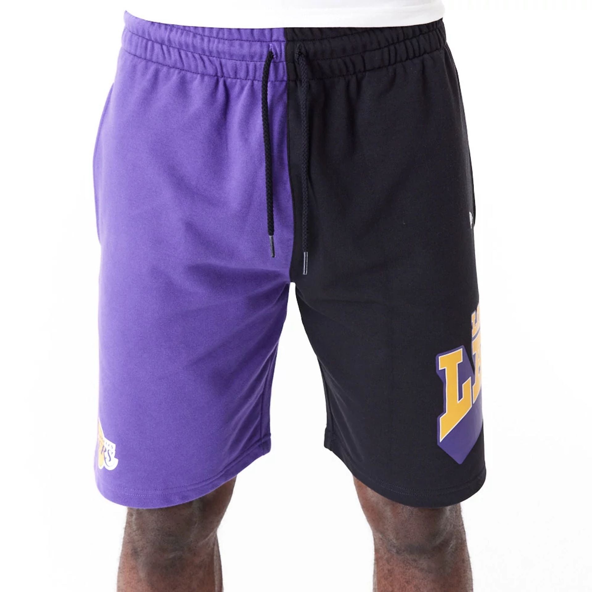 The Male model is wearing LA Lakers NBA Graphic Purple Shorts 7