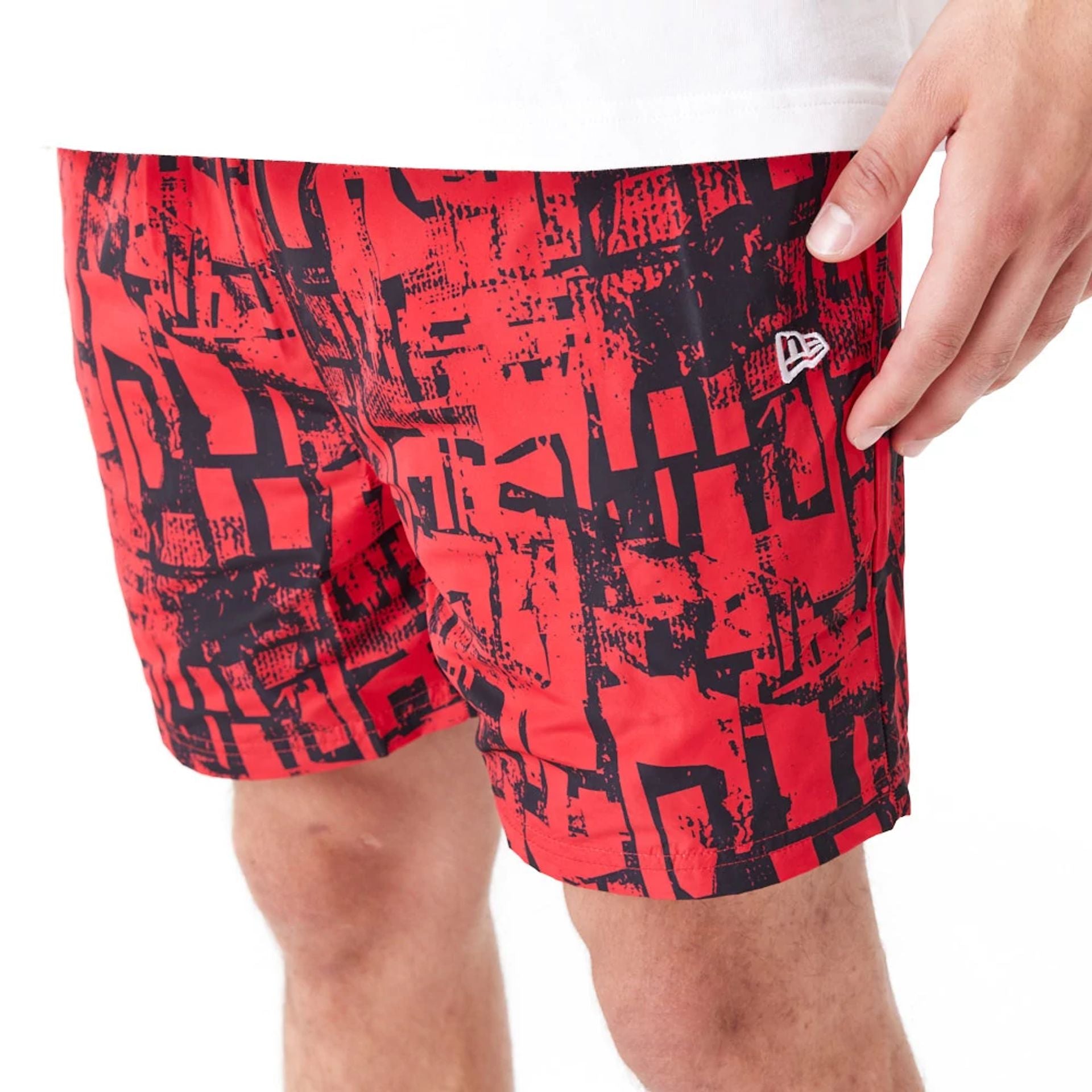 The Male model is wearing Chicago Bulls NBA All Over Print Red Shorts 2