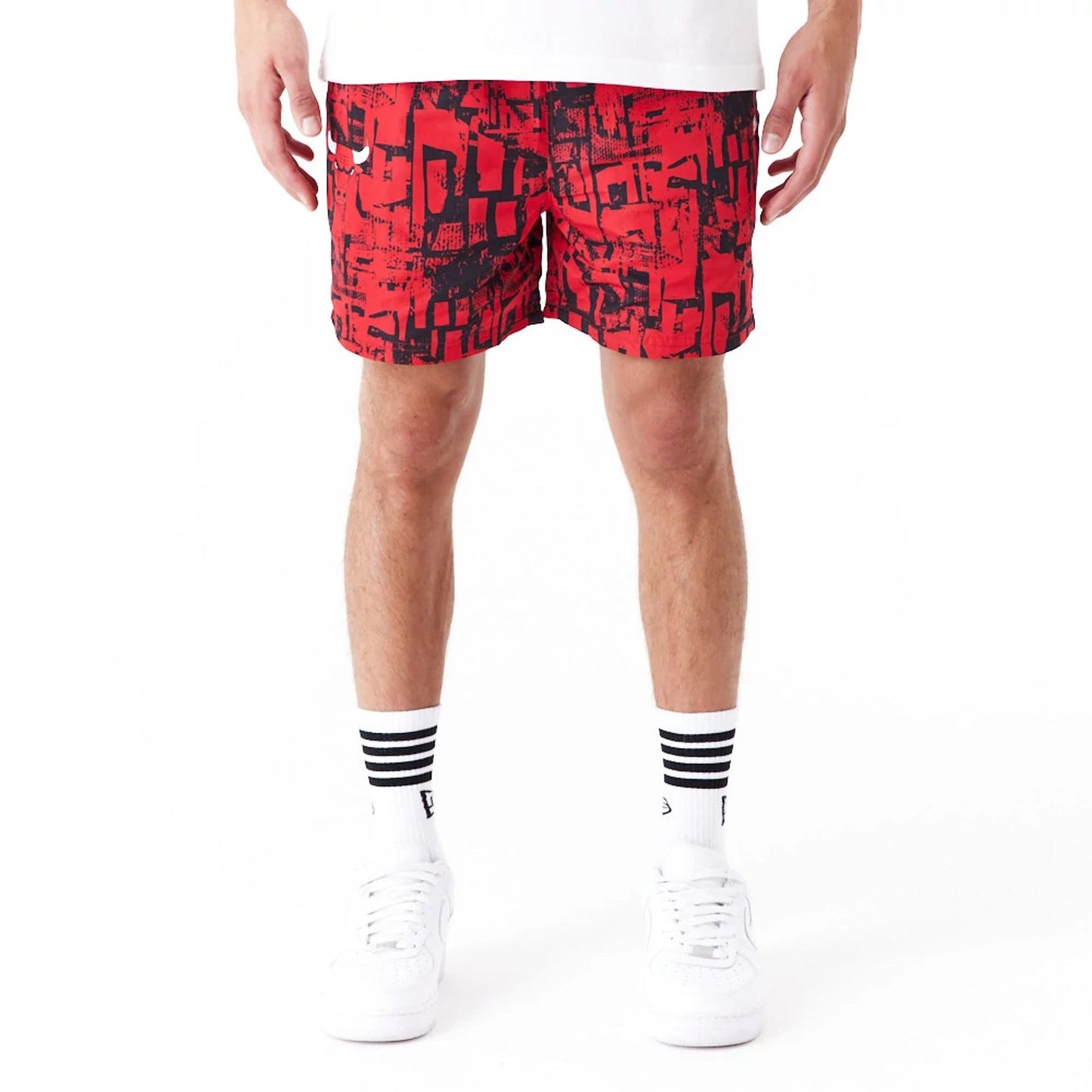 The Male model is wearing Chicago Bulls NBA All Over Print Red Shorts 5