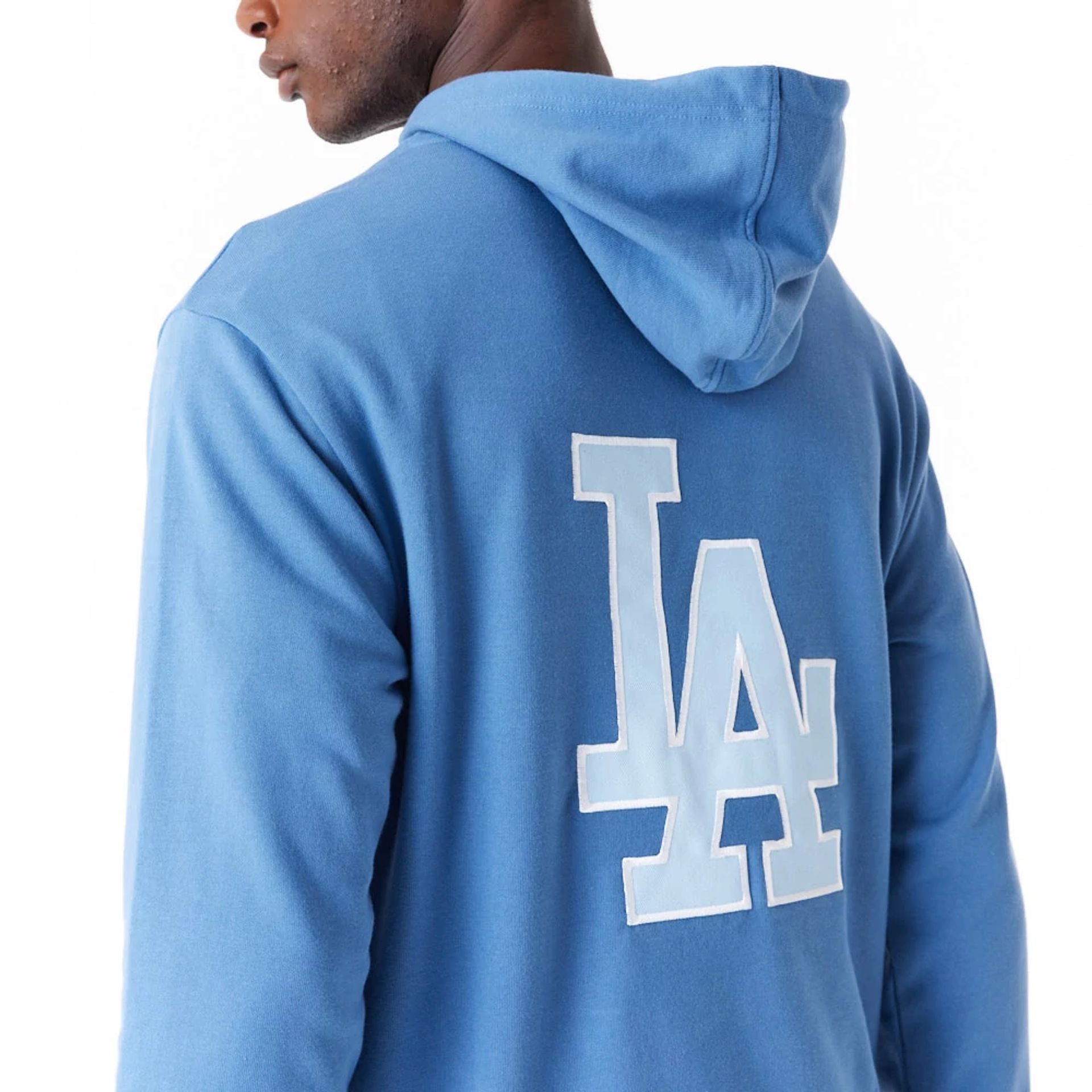 The Male model is wearing LA Dodgers MLB World Series Blue Oversized Pullover Hoodie 7