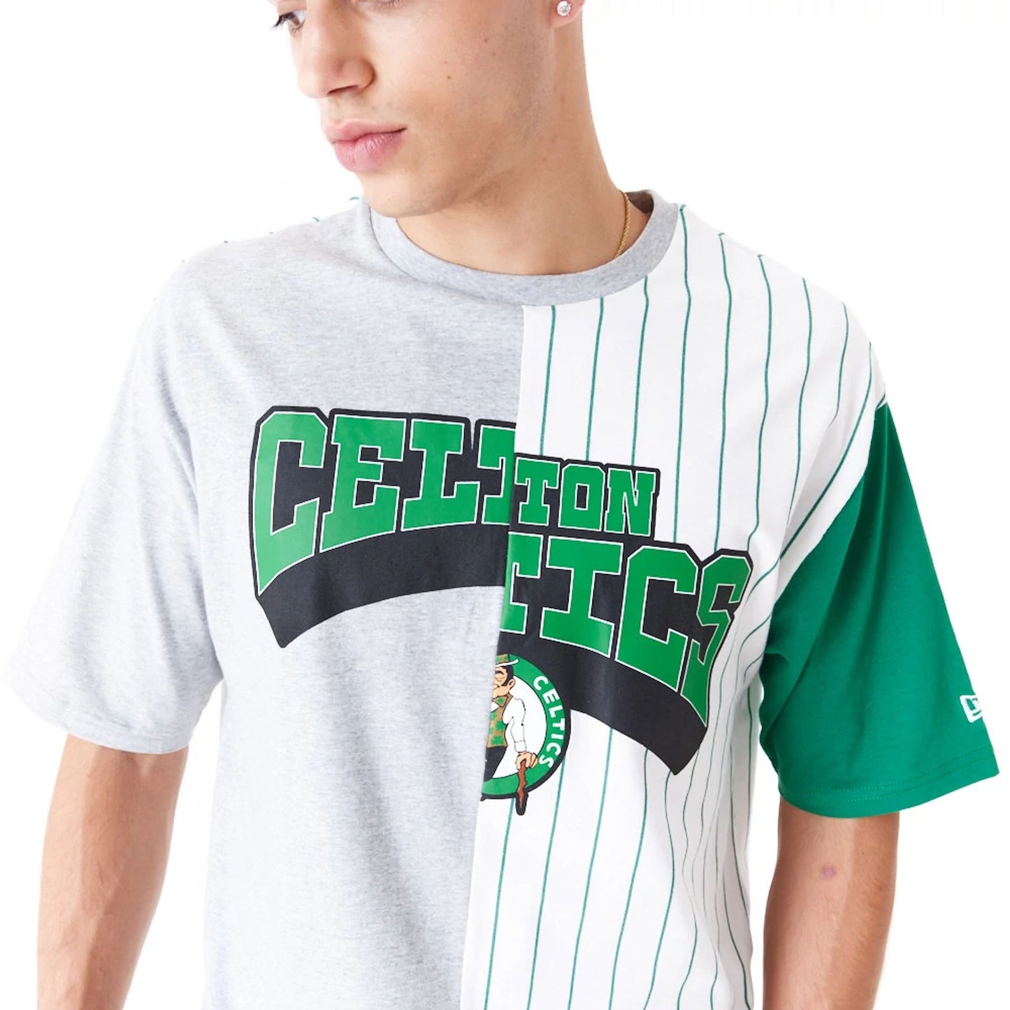 The Male model is wearing Boston Celtics NBA Half Pinstripe White Oversized T-Shirt 2