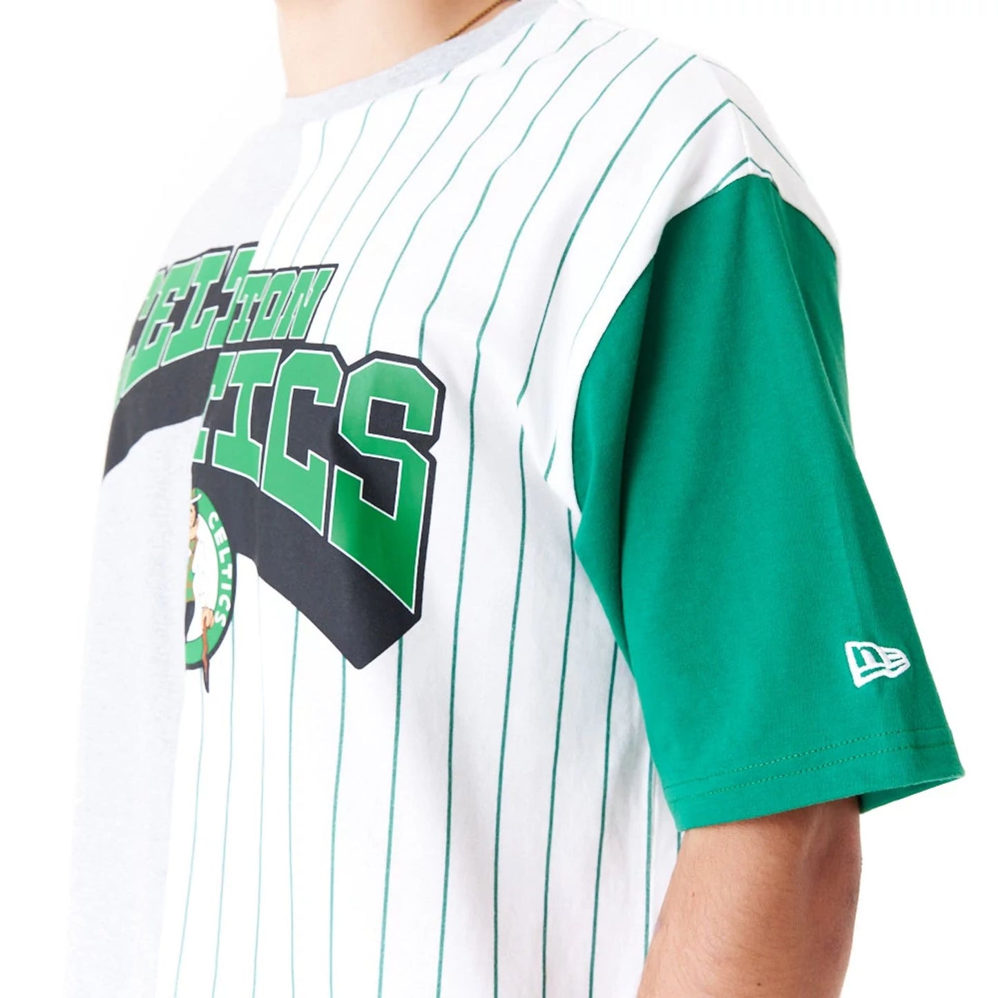 The Male model is wearing Boston Celtics NBA Half Pinstripe White Oversized T-Shirt 3