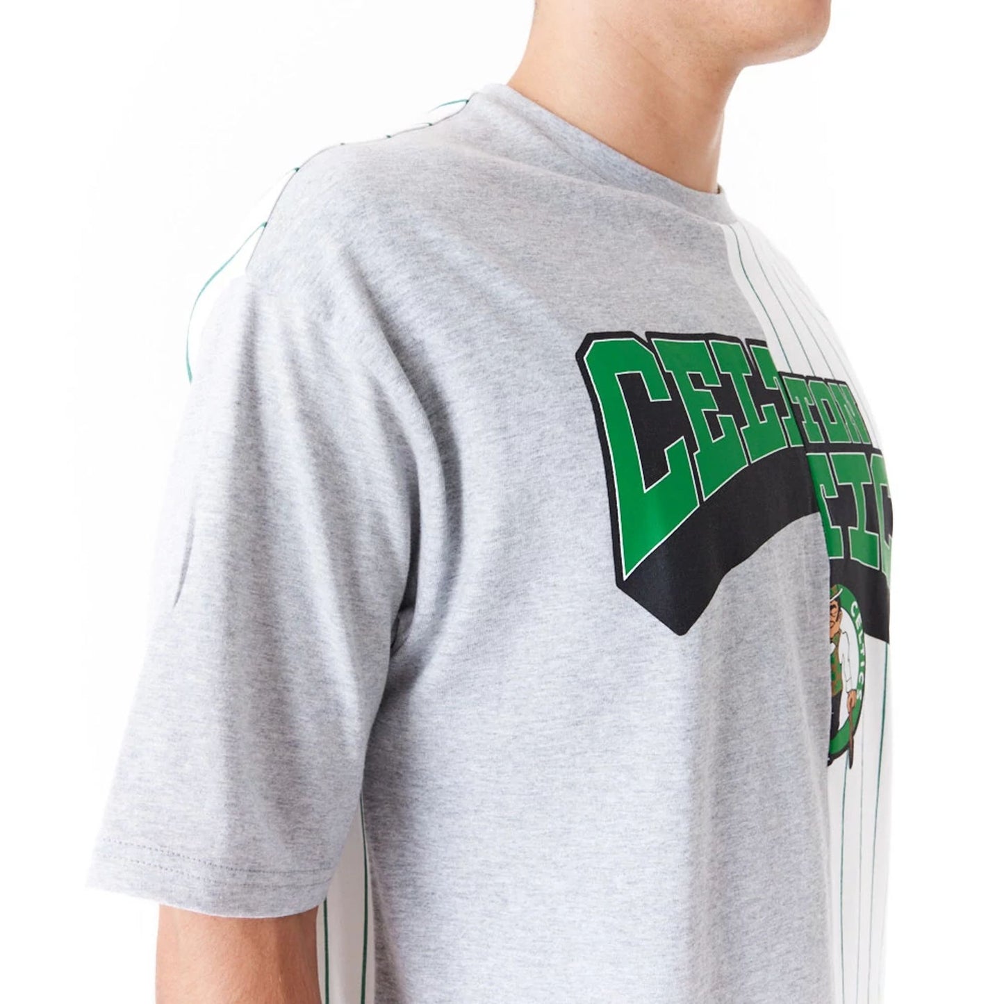 The Male model is wearing Boston Celtics NBA Half Pinstripe White Oversized T-Shirt 4