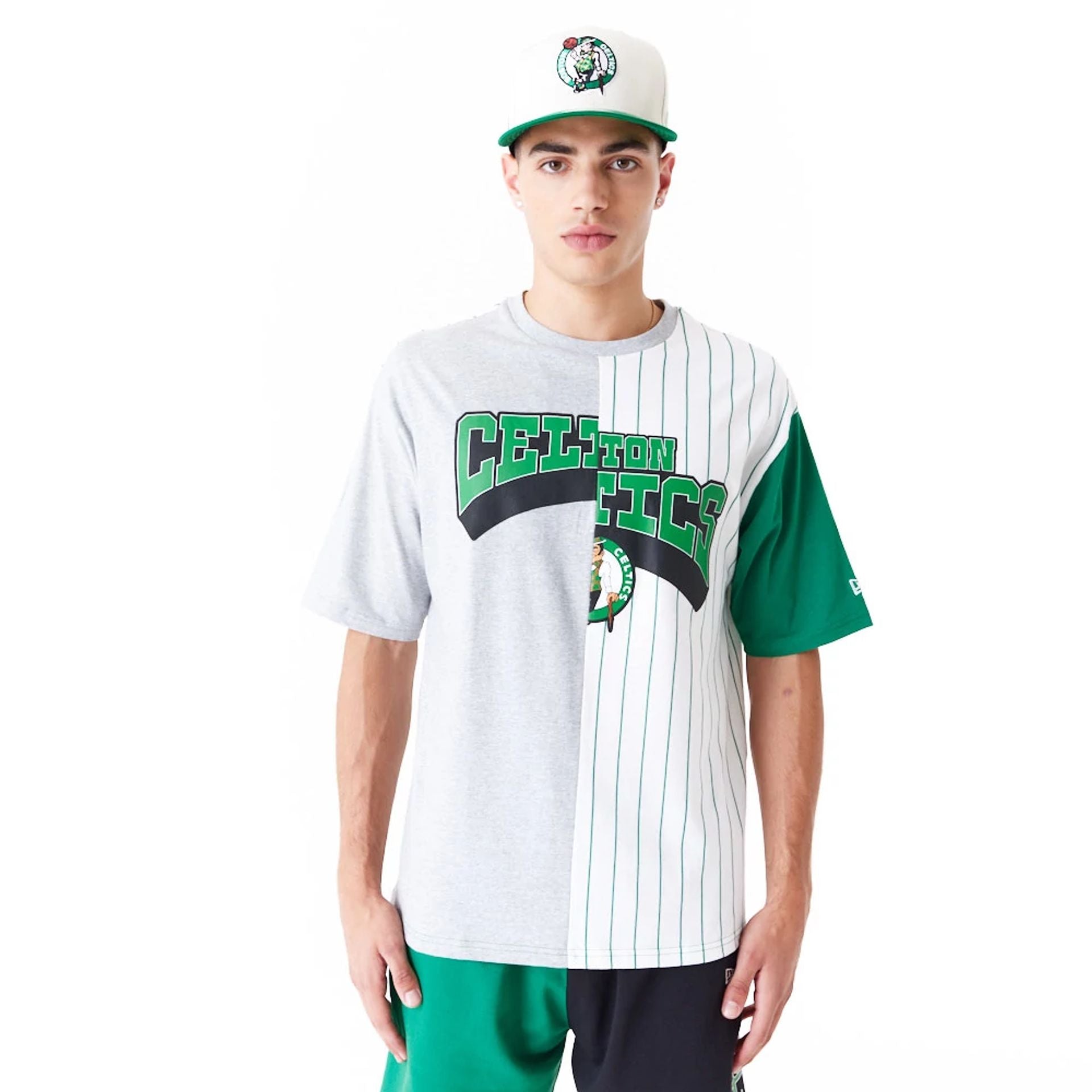 The Male model is wearing Boston Celtics NBA Half Pinstripe White Oversized T-Shirt 1