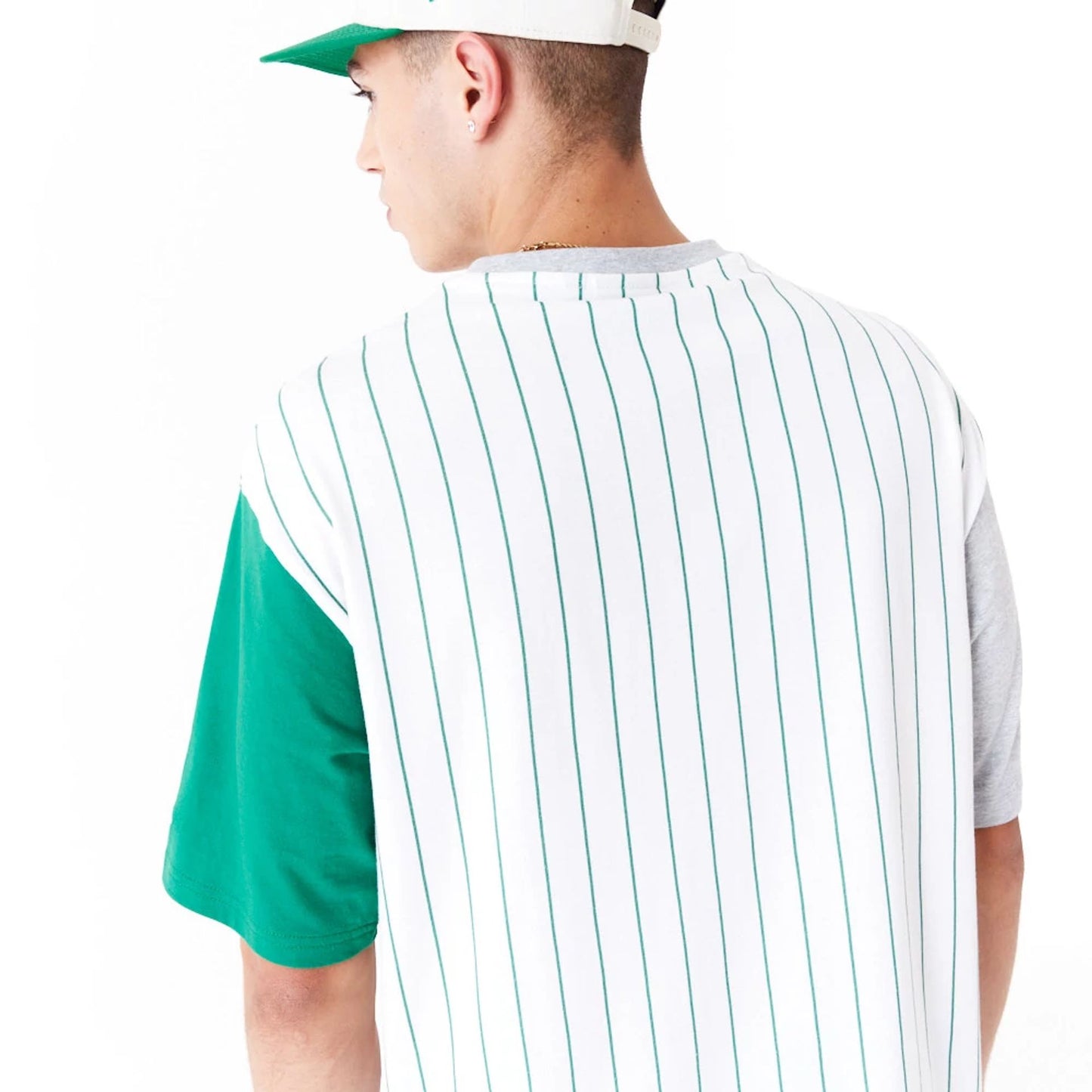 The Male model is wearing Boston Celtics NBA Half Pinstripe White Oversized T-Shirt 5