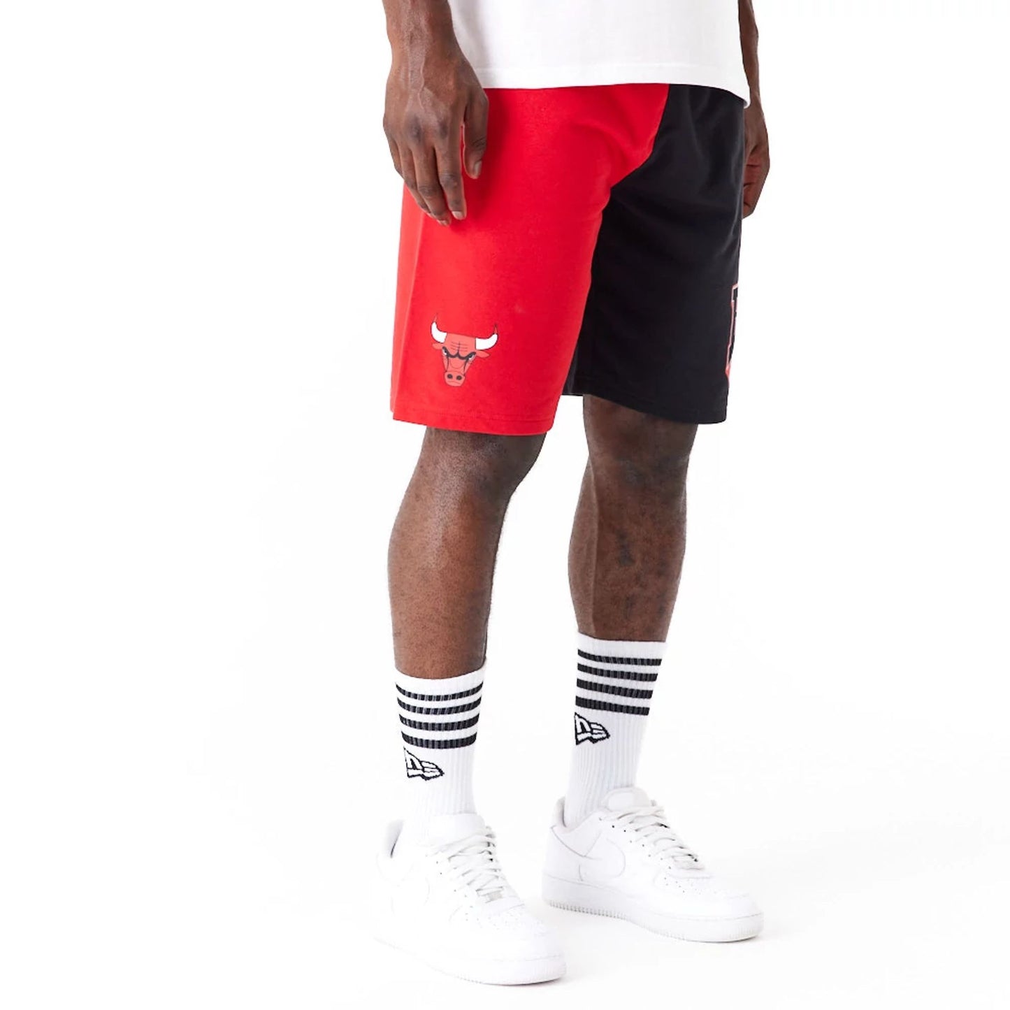 The Male model is wearing Chicago Bulls NBA Graphic Red Shorts 7