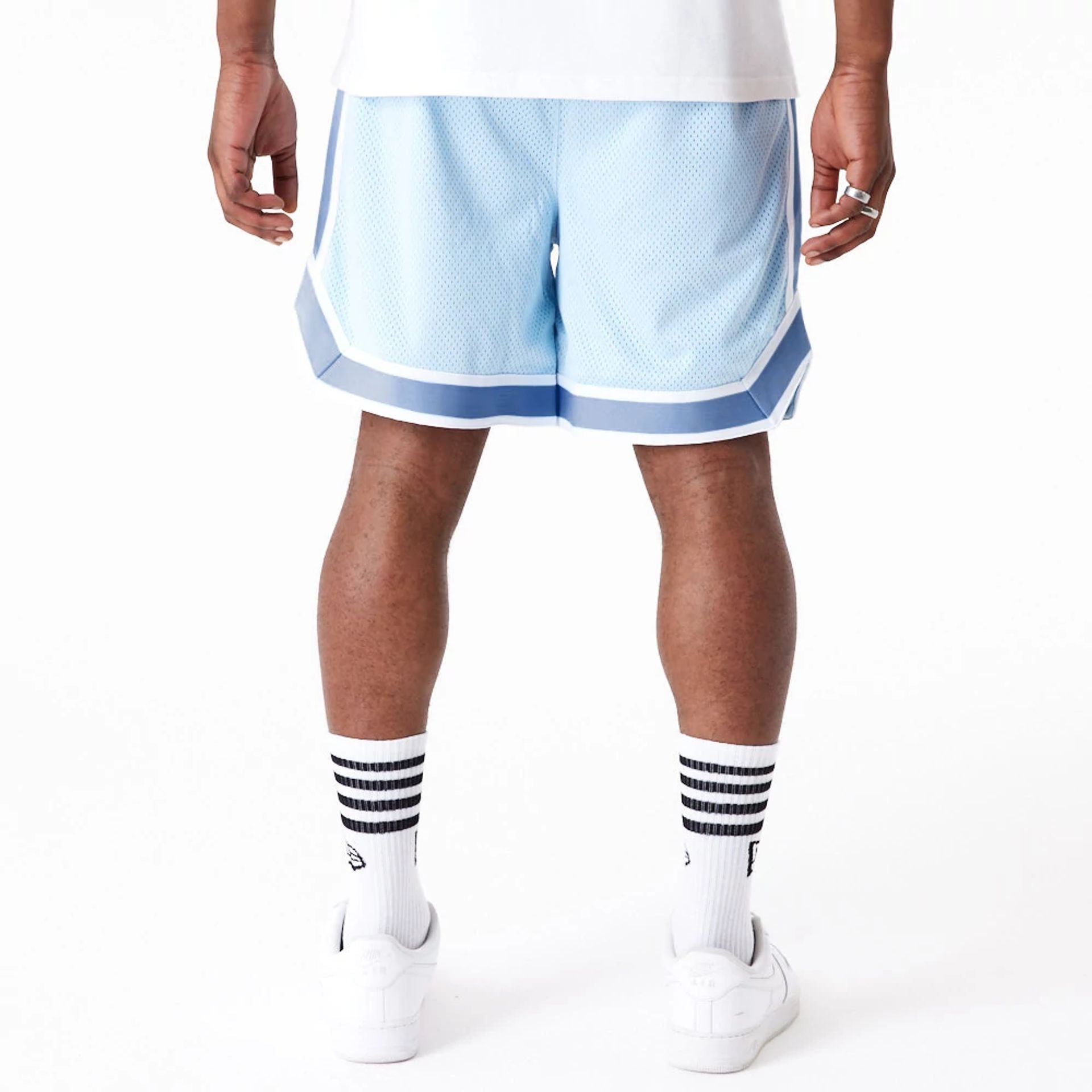 The Male model is wearing LA Dodgers World Series Pastel Blue Mesh Shorts 5