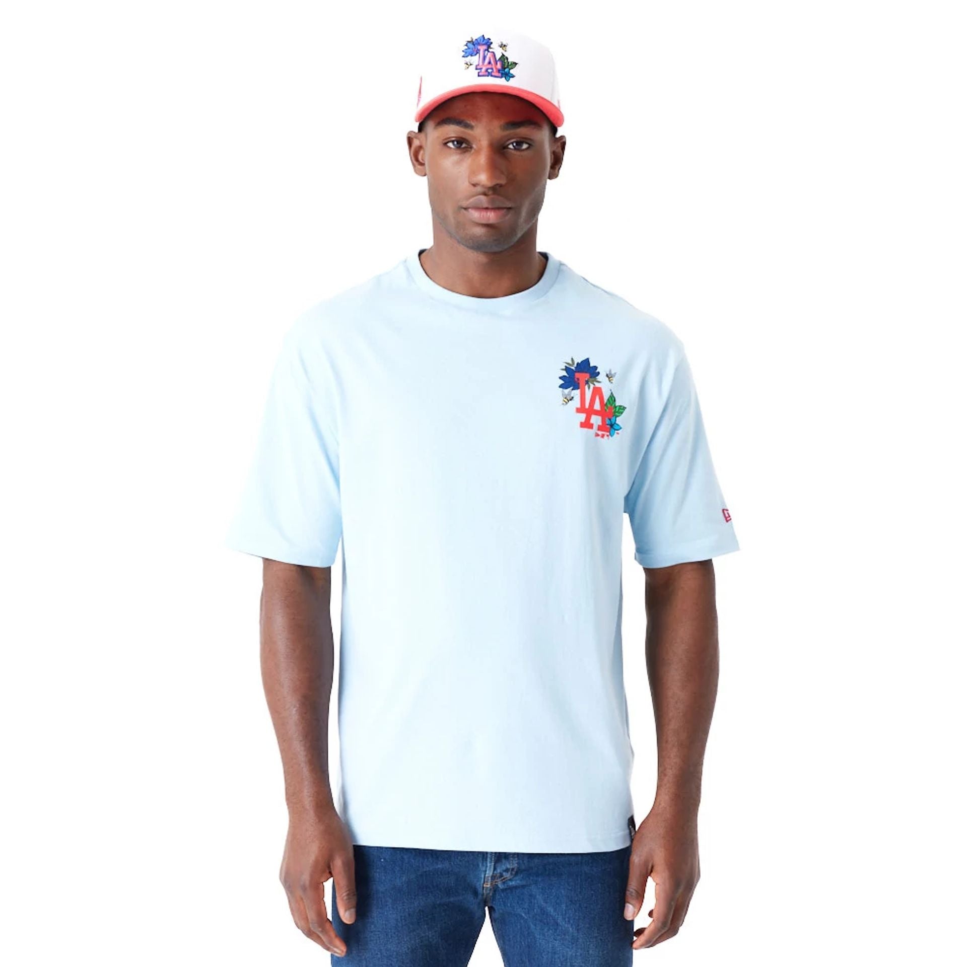 The Male model is wearing LA Dodgers MLB Floral Graphic Pastel Blue Oversized T-Shirt 1