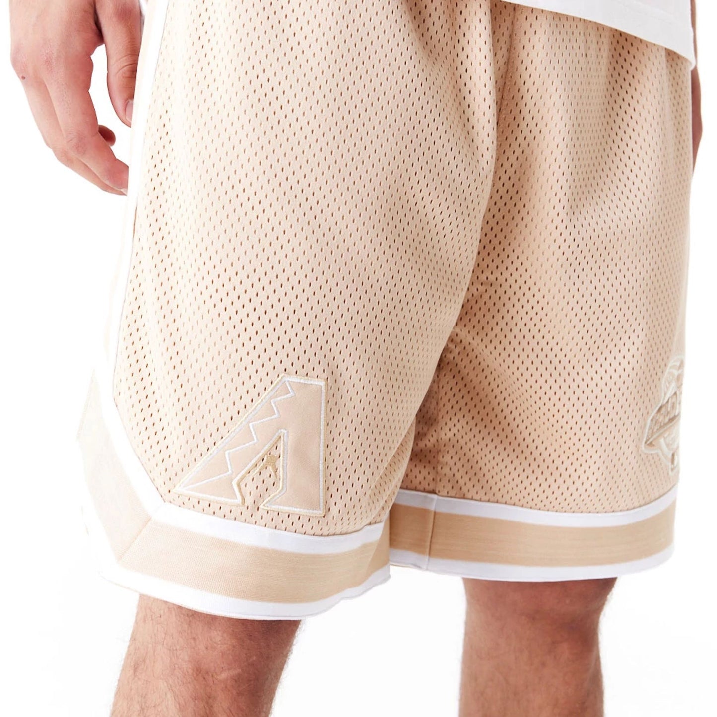 The Male model is wearing Arizona Diamondbacks World Series Light Beige Mesh Shorts 8