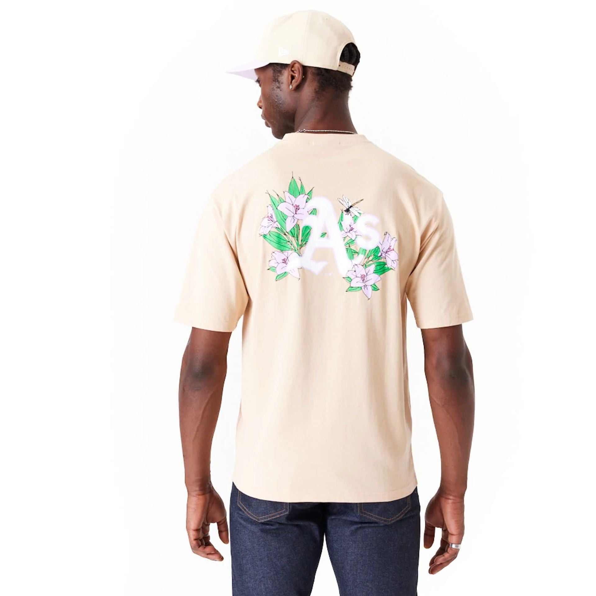 The Male model is wearing Oakland Athletics MLB Floral Graphic Light Beige Oversized T-Shirt 2