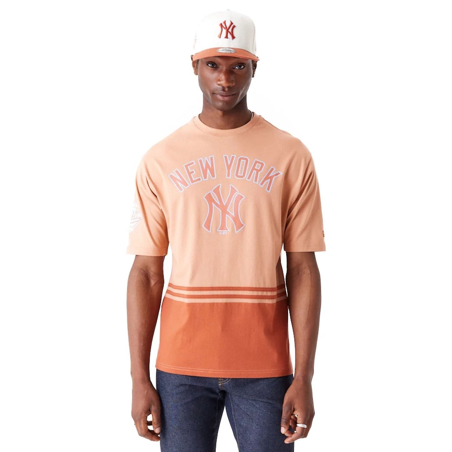 The Male model is wearing New York Yankees World Series Brown Oversized T-Shirt 1