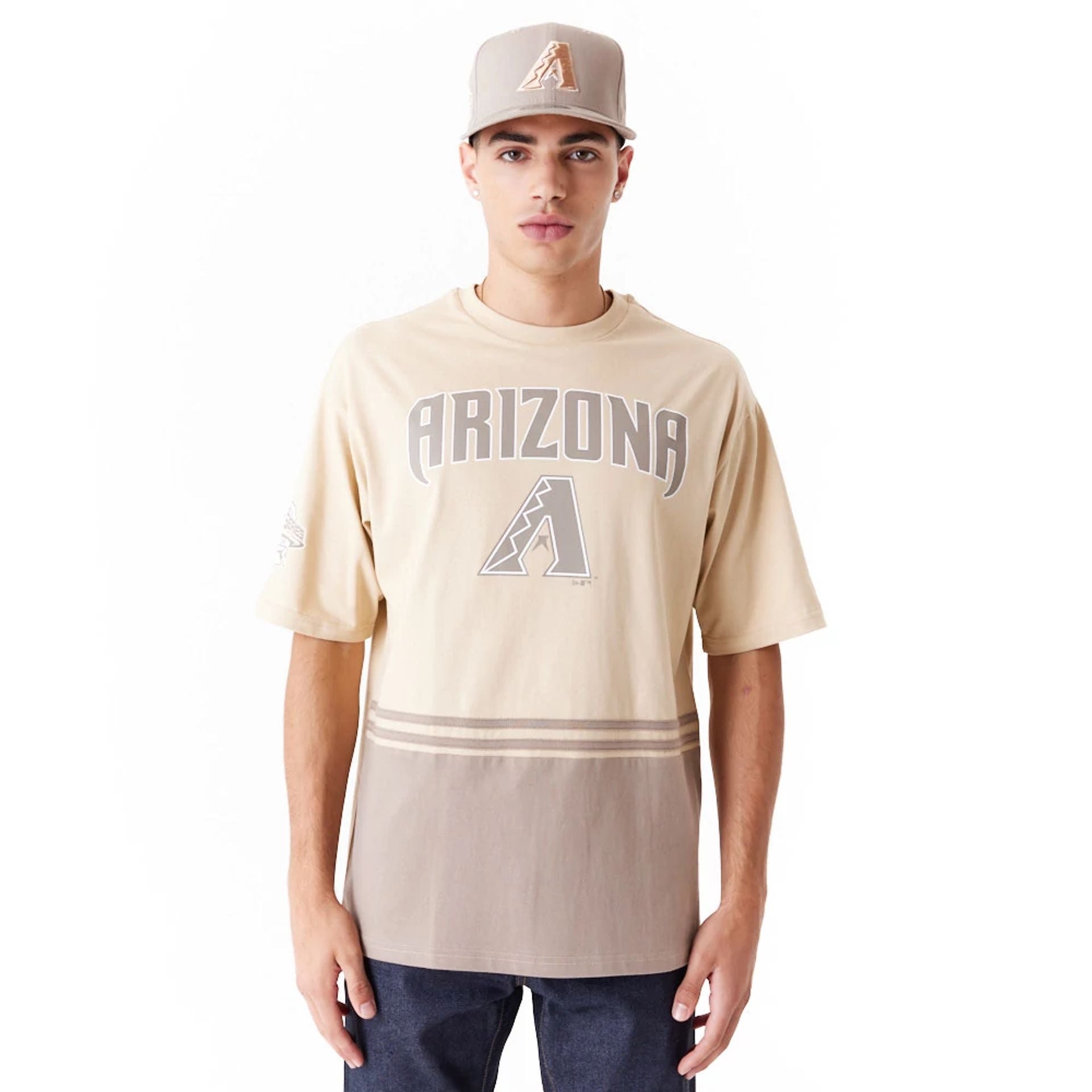 The Male model is wearing Arizona Diamondbacks World Series Light Beige Oversized T-Shirt 1