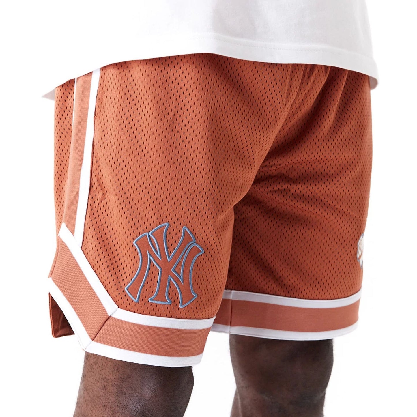 The Male model is wearing New York Yankees World Series Brown Mesh Shorts 6