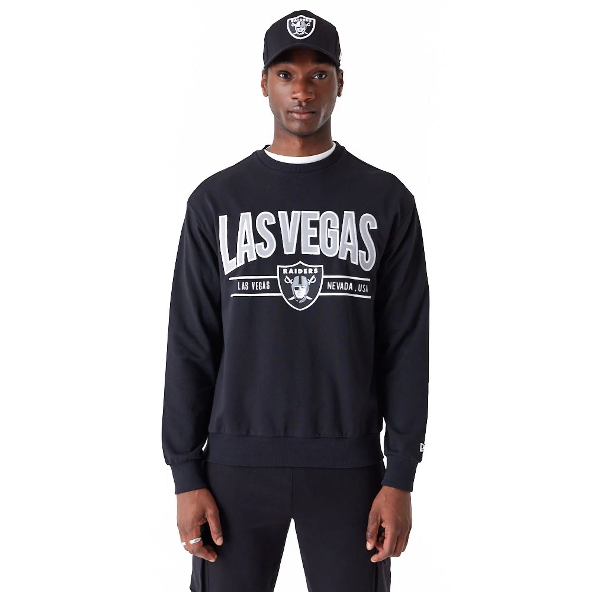 The Male model is wearing Las Vegas Raiders NFL Wordmark Black Crew Neck Sweatshirt 2