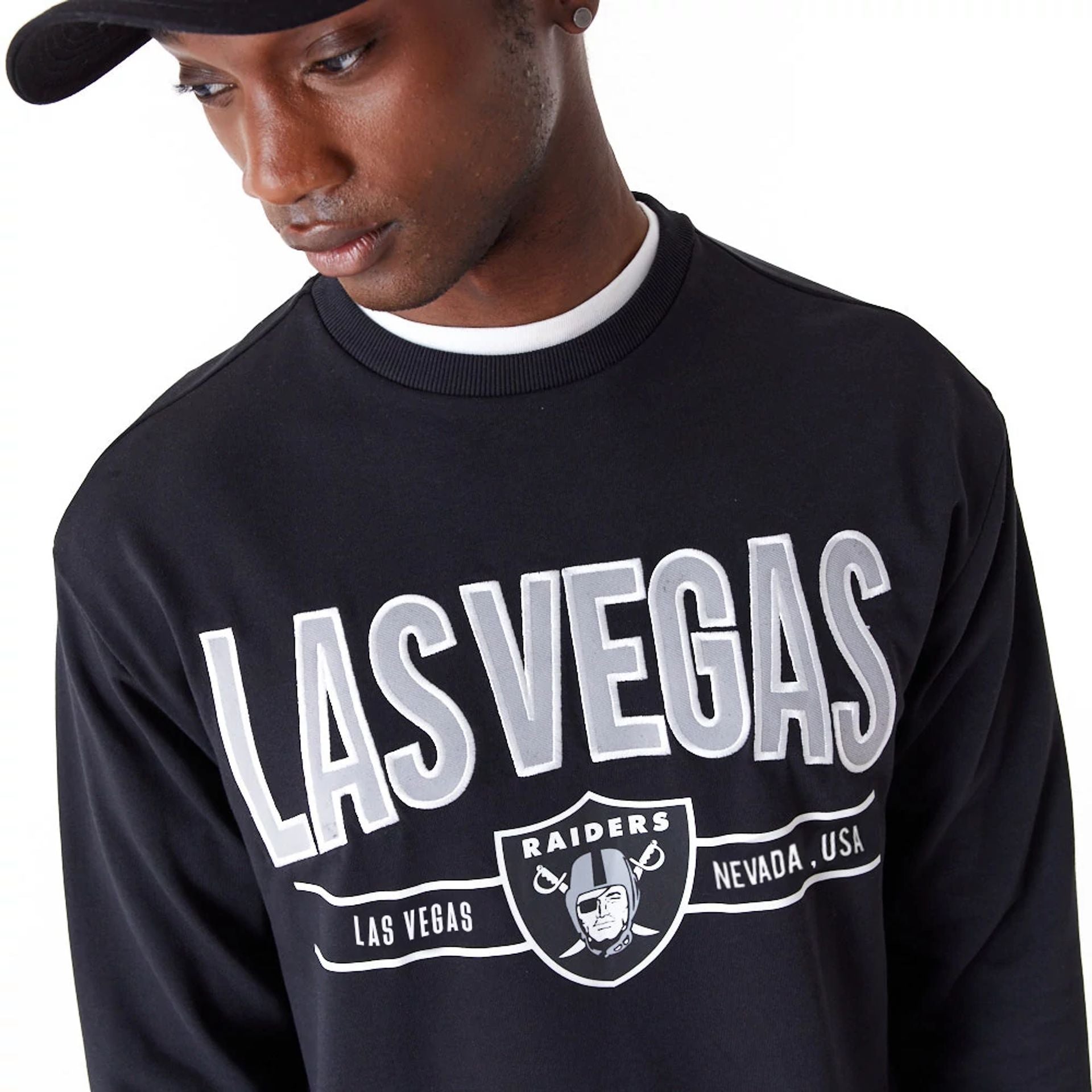 The Male model is wearing Las Vegas Raiders NFL Wordmark Black Crew Neck Sweatshirt 6