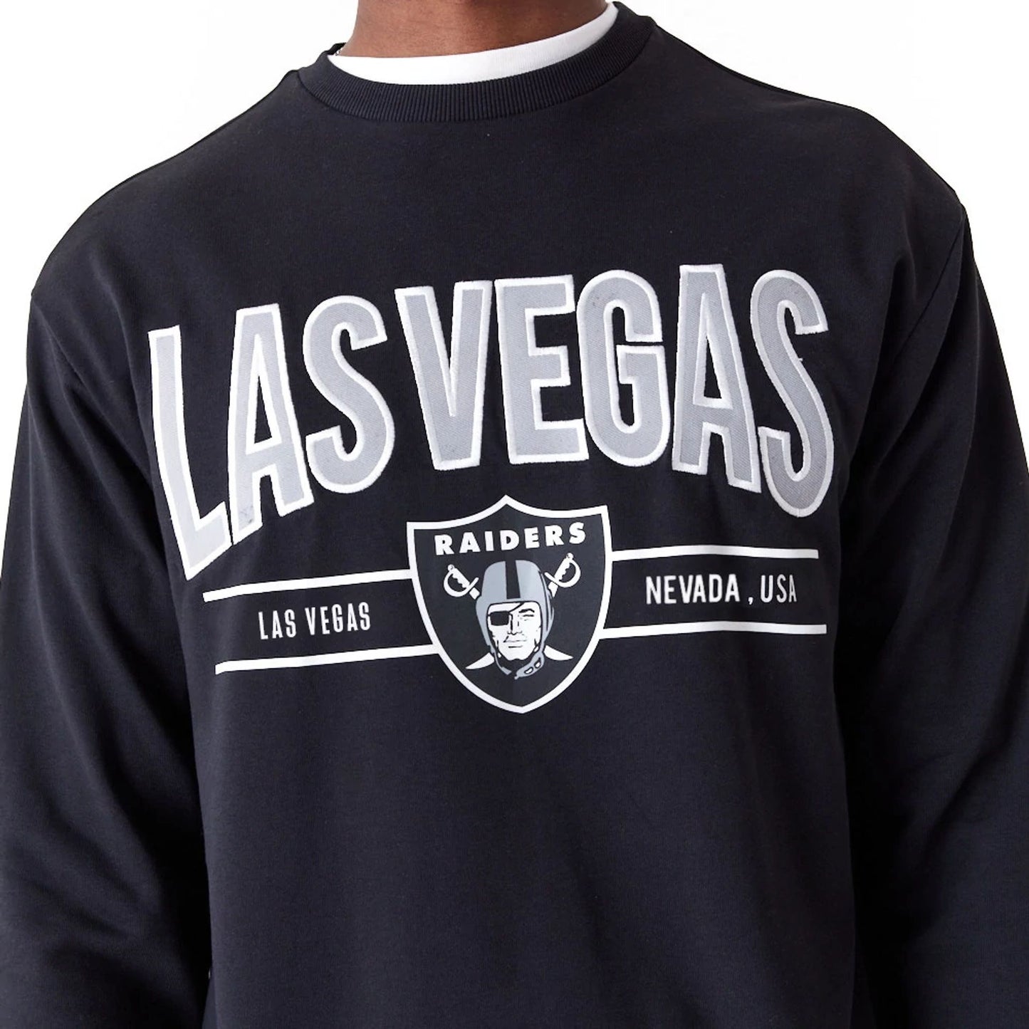 The Male model is wearing Las Vegas Raiders NFL Wordmark Black Crew Neck Sweatshirt 4