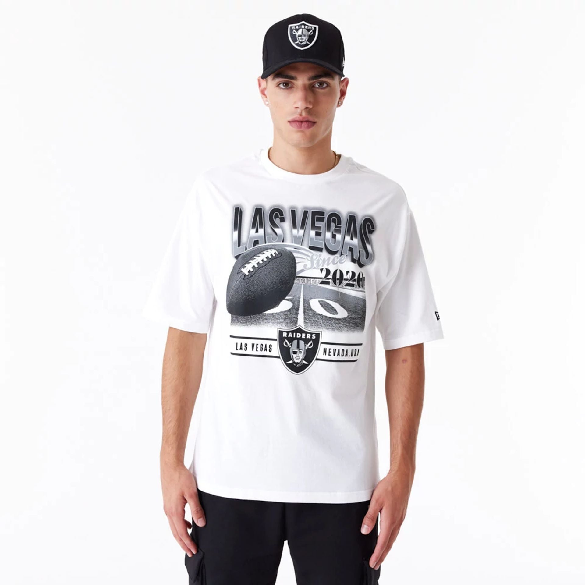 The Male model is wearing Las Vegas Raiders NFL Team Graphic White Oversized T-Shirt 5