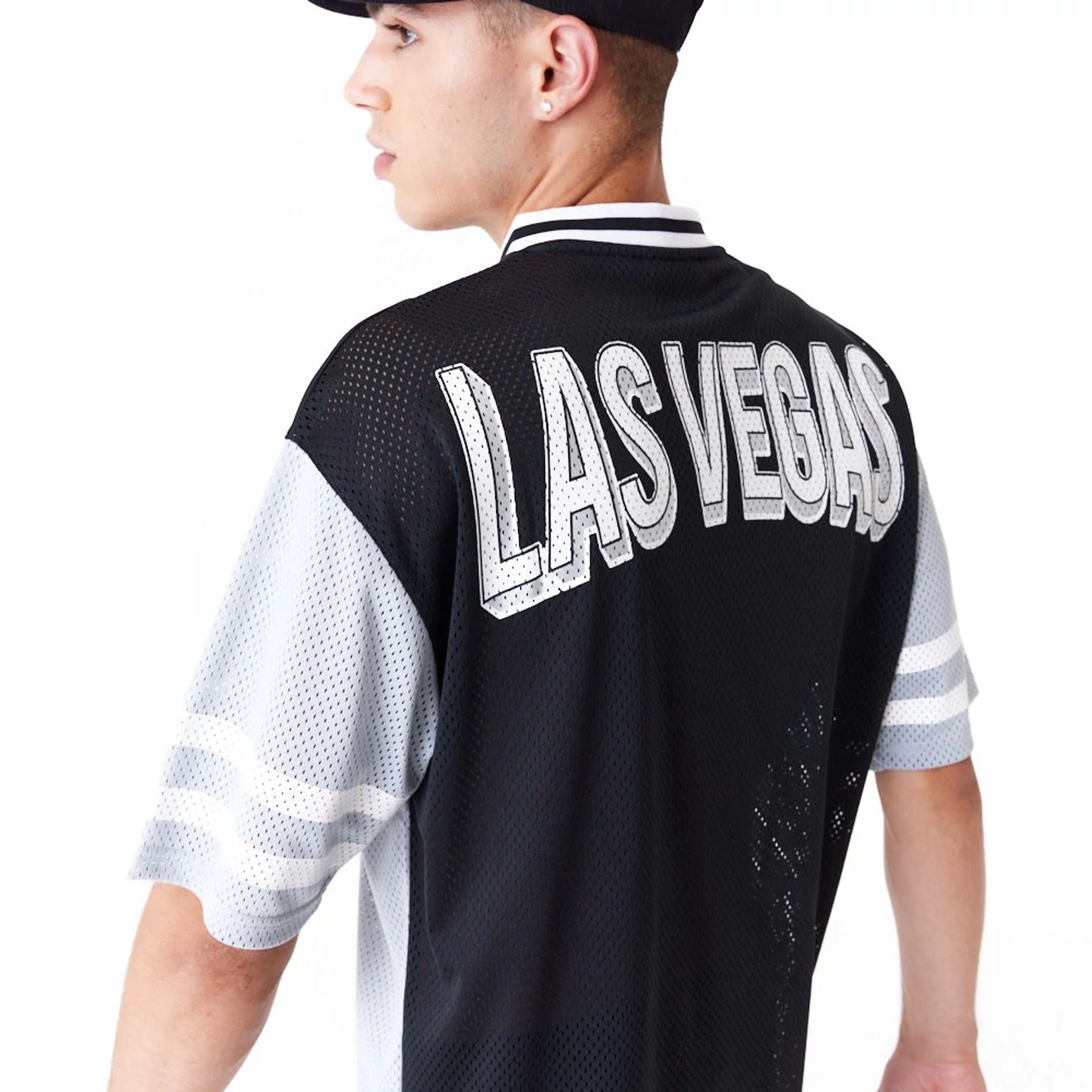 The Male model is wearing Las Vegas Raiders NFL Wordmark Graphic Grey T-Shirt 2