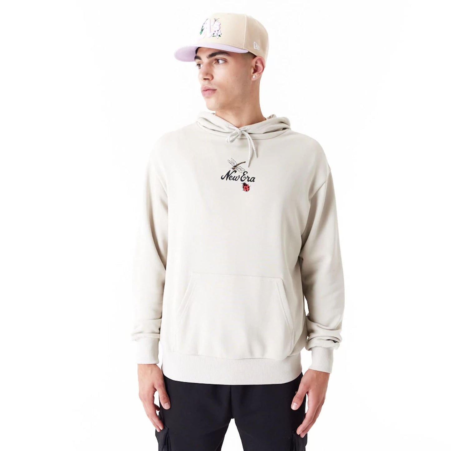 The Male model is wearing New Era Floral Graphic Stone Oversized Pullover Hoodie 8