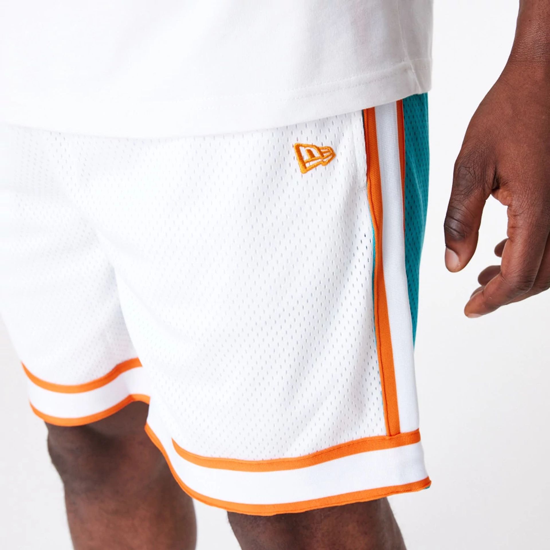 The Male model is wearing Miami Dolphins NFL Colour Block White Shorts 7