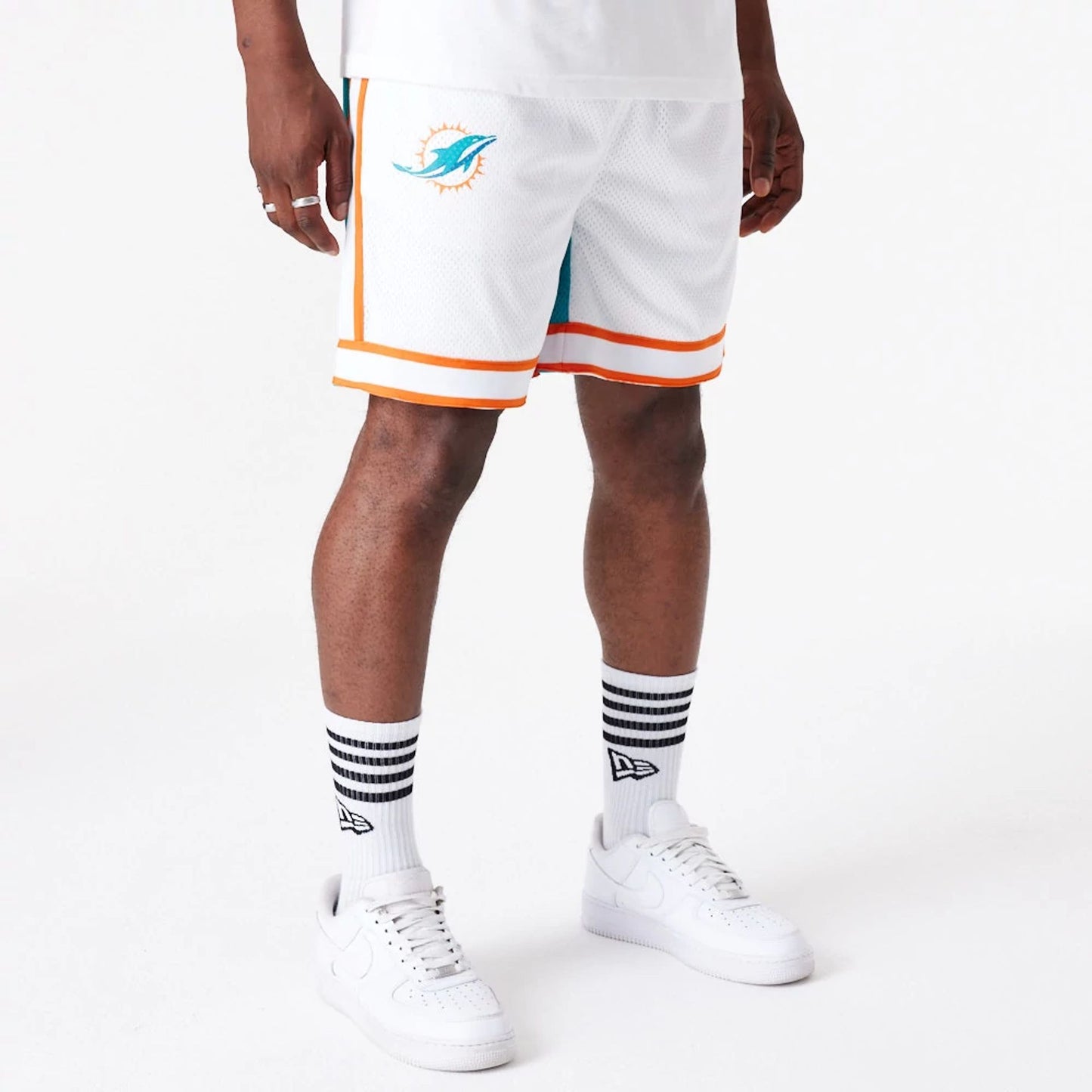 The Male model is wearing Miami Dolphins NFL Colour Block White Shorts 1