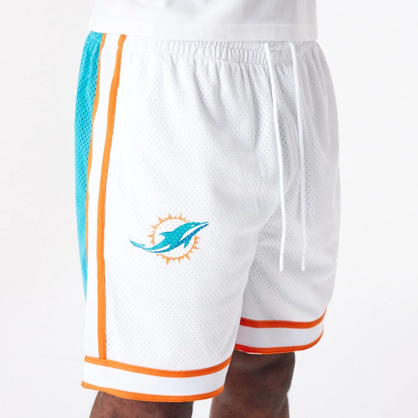 The Male model is wearing Miami Dolphins NFL Colour Block White Shorts 6