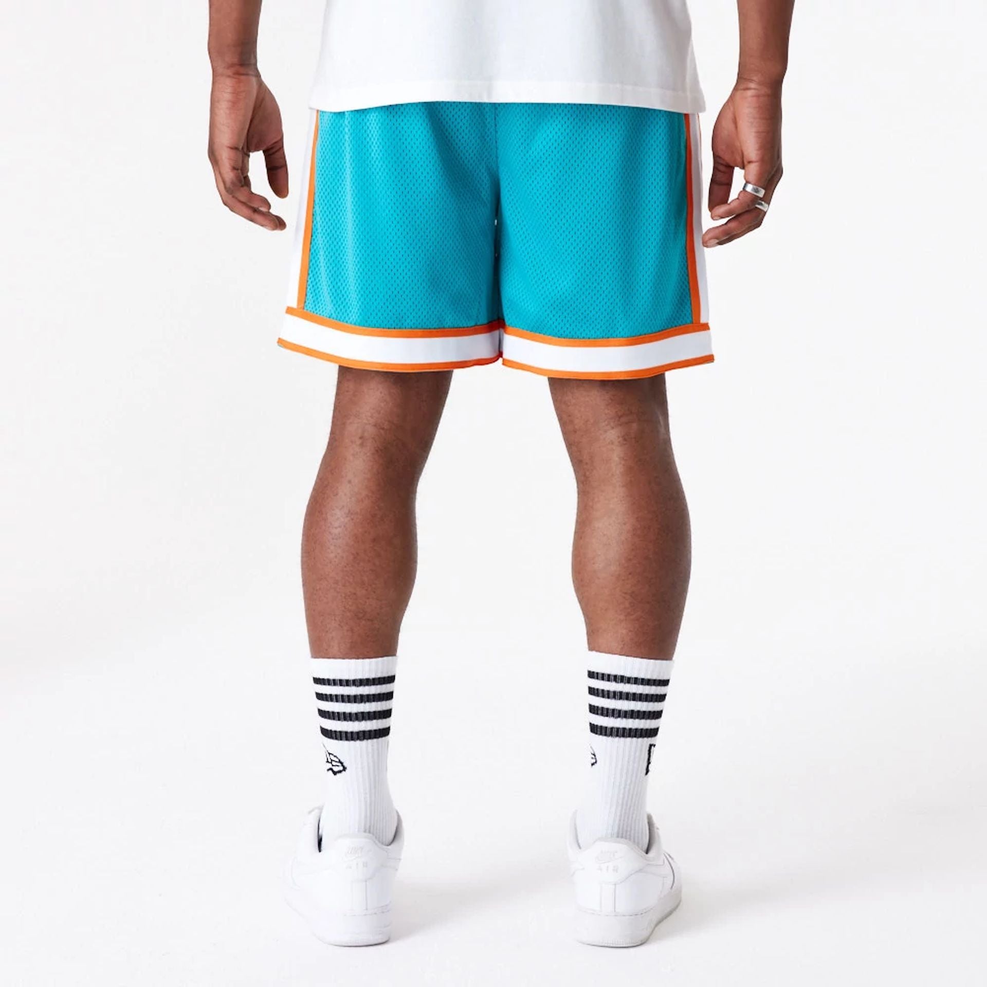 The Male model is wearing Miami Dolphins NFL Colour Block White Shorts 4