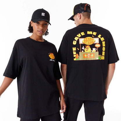 The Male model is wearing New Era Lemon Stand Fruit Graphic Black Oversized T-Shirt 1