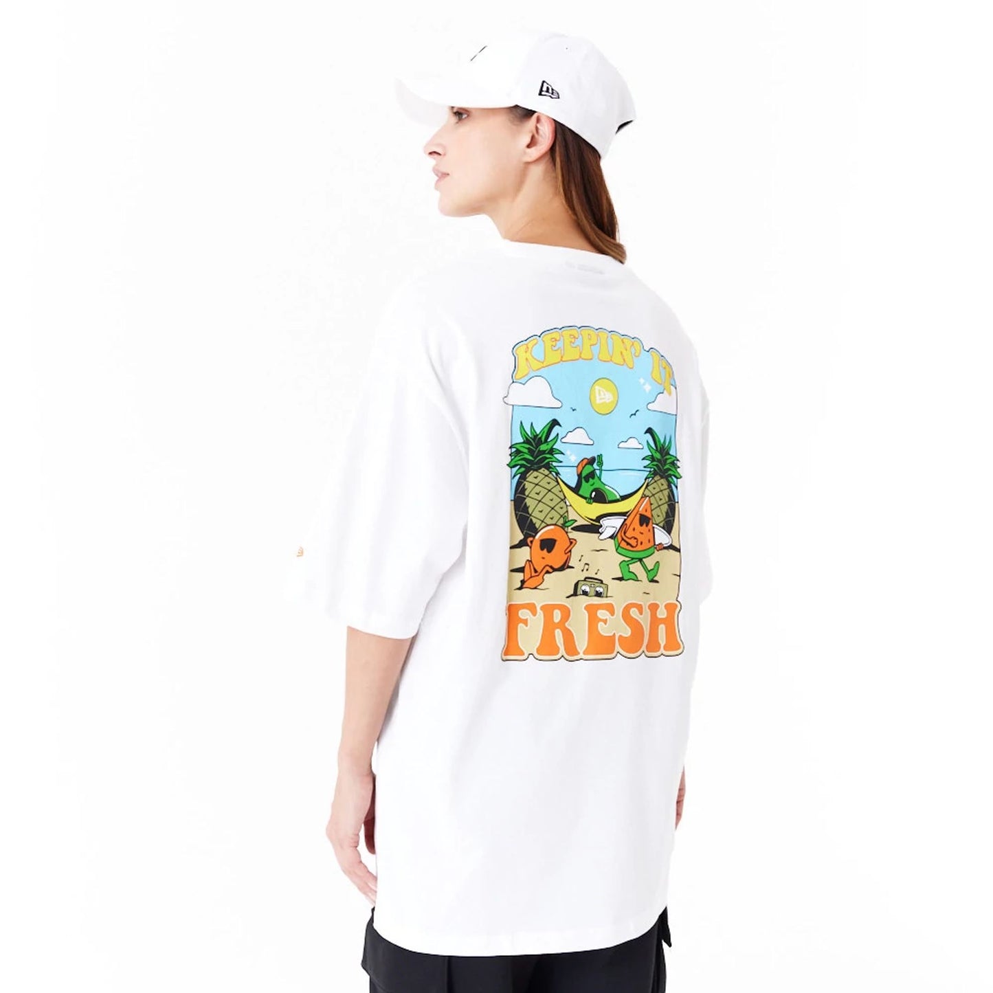 The Male model is wearing New Era Fruit Graphic White Oversized T-Shirt 3