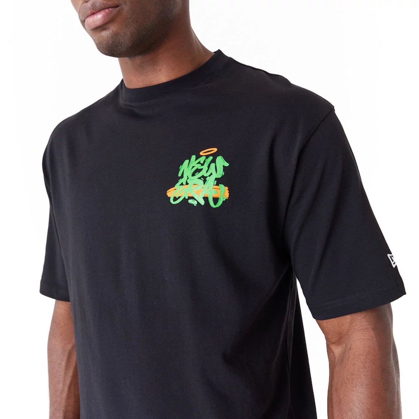 The Male model is wearing New Era Spray Graphic Black Oversized T-Shirt 4