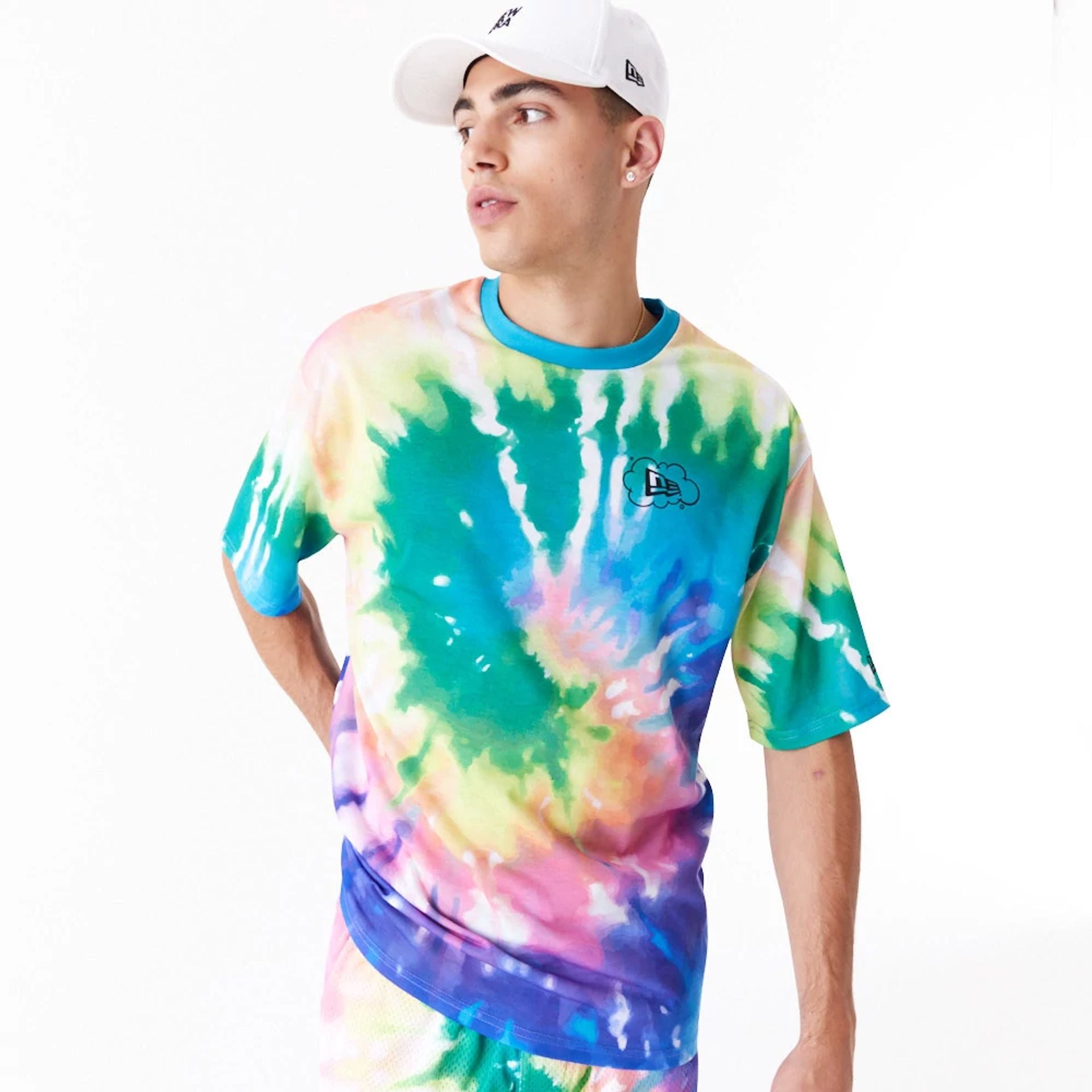 The Male model is wearing New Era Tie Dye Multi-Coloured Oversized T-Shirt 8