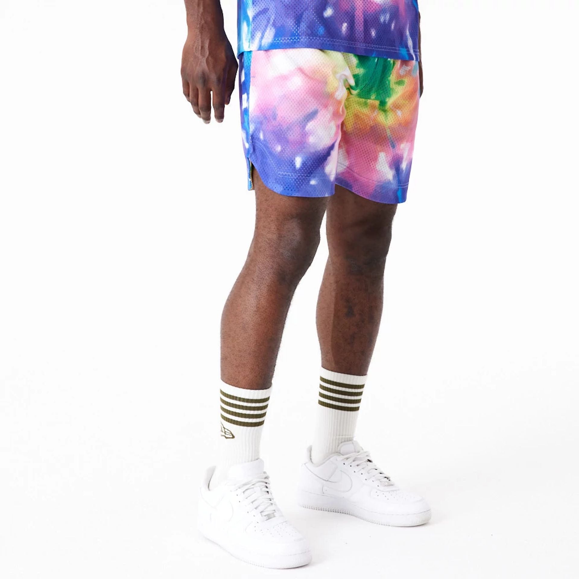 The Male model is wearing New Era Tie Dye Multi-Coloured Shorts 4