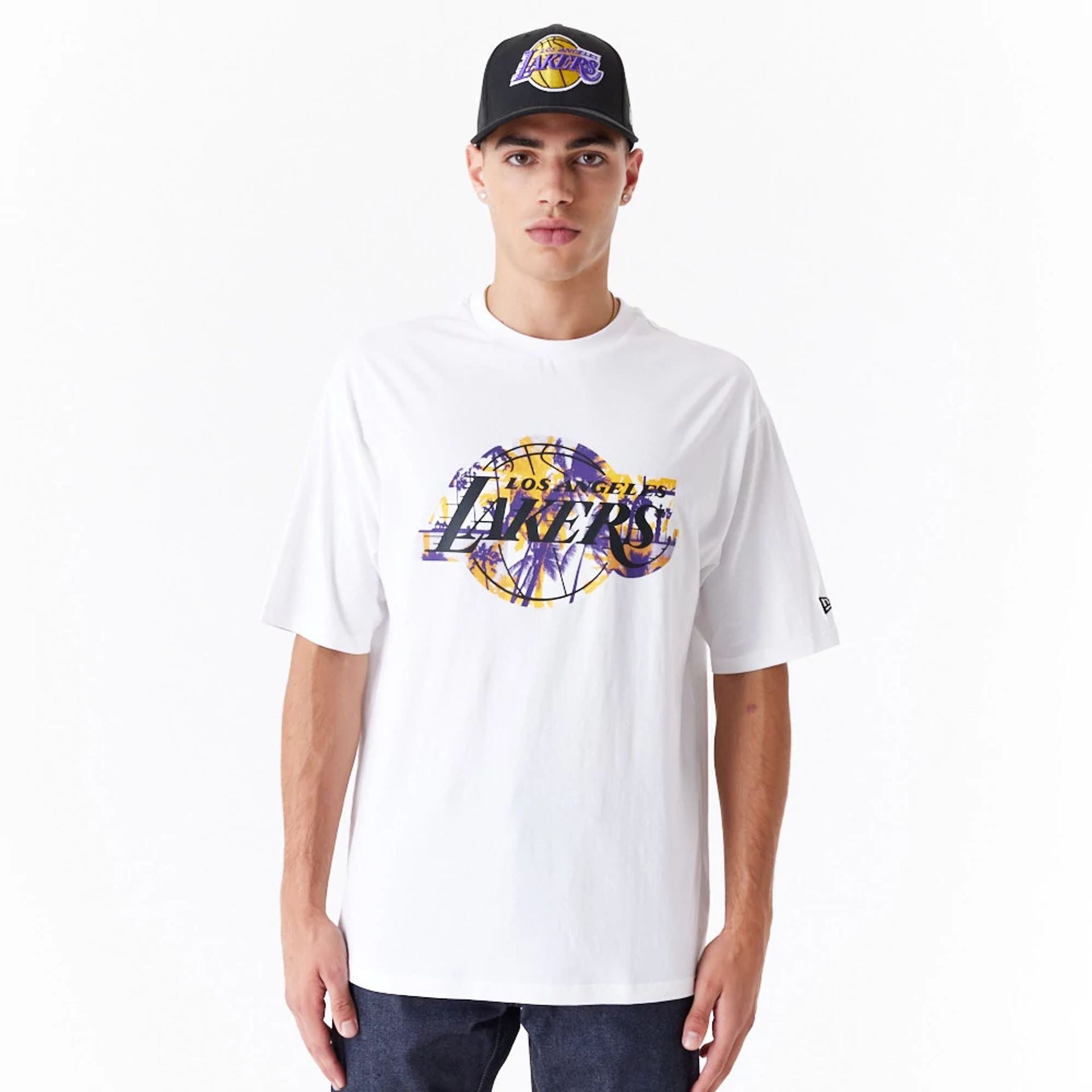 The Male model is wearing LA Lakers NBA Large Infill White Oversized T-Shirt 1