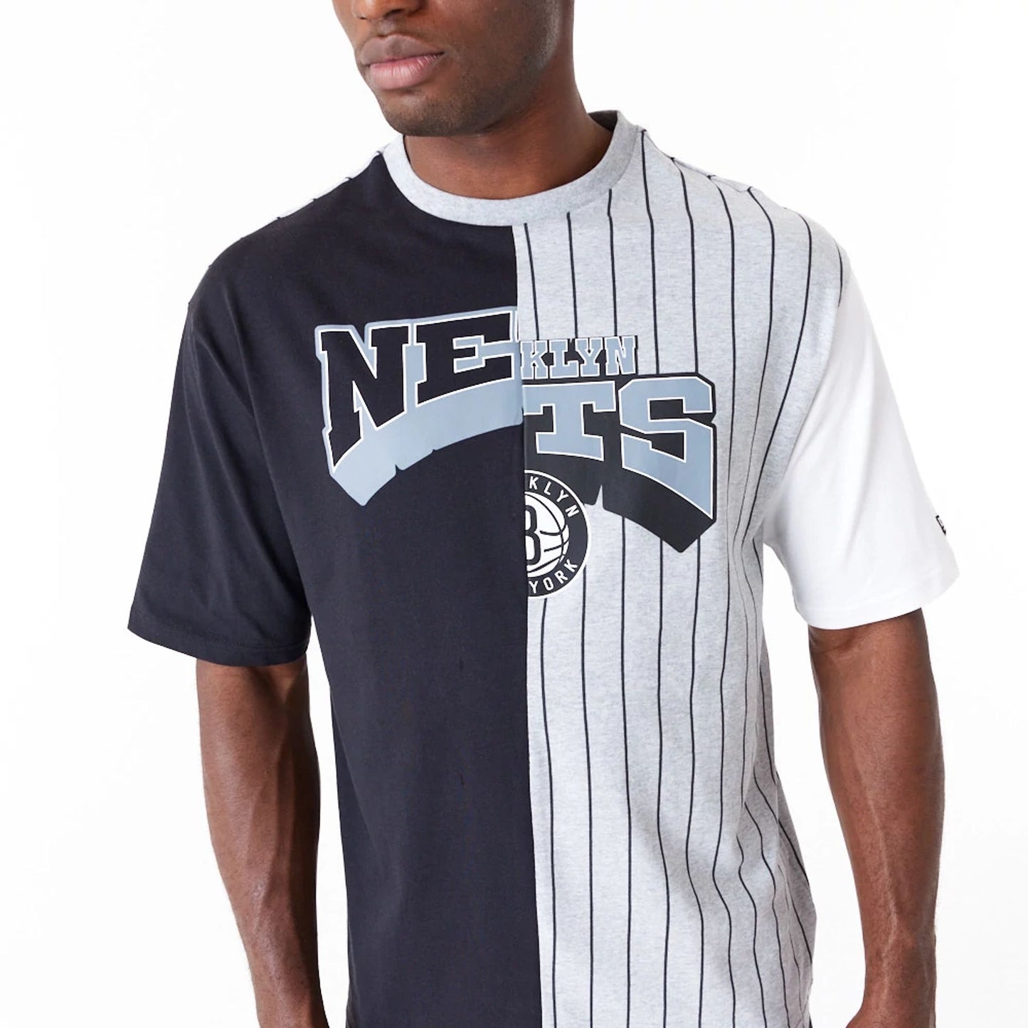 The Male model is wearing Brooklyn Nets NBA Half Pinstripe Grey Oversized T-Shirt 6