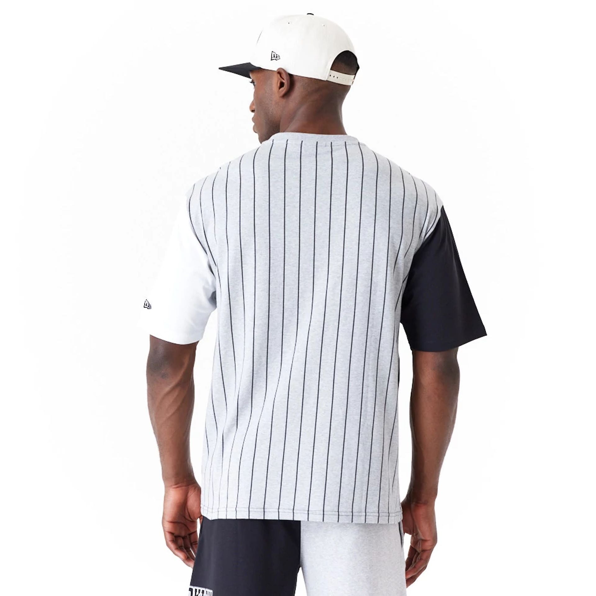 The Male model is wearing Brooklyn Nets NBA Half Pinstripe Grey Oversized T-Shirt 2