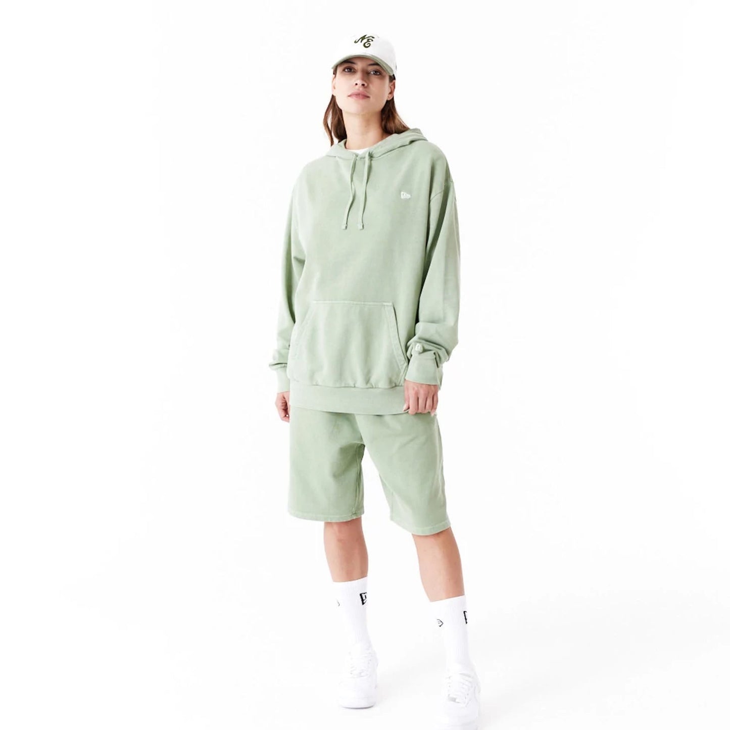 The Male model is wearing New Era Washed Green Oversized Pullover Hoodie 3