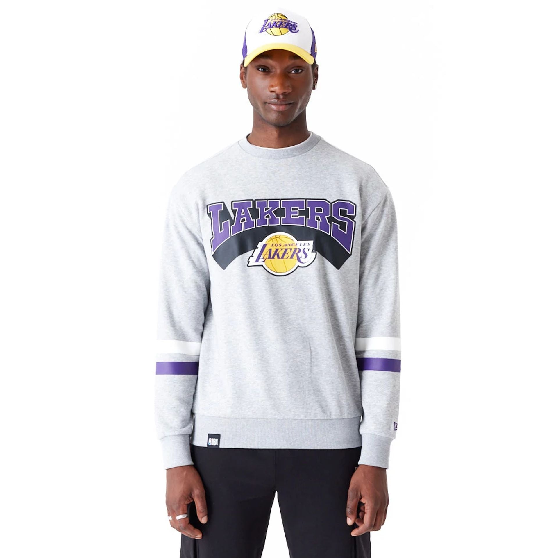 The Male model is wearing LA Lakers NBA Arch Grey Crew Neck Sweatshirt 1