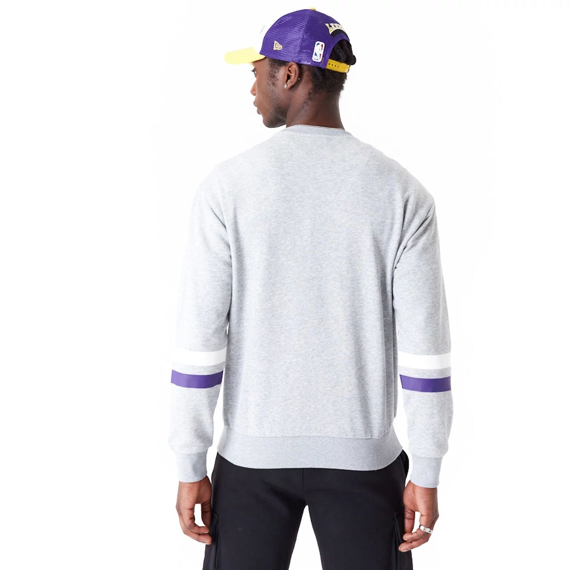 The Male model is wearing LA Lakers NBA Arch Grey Crew Neck Sweatshirt 7